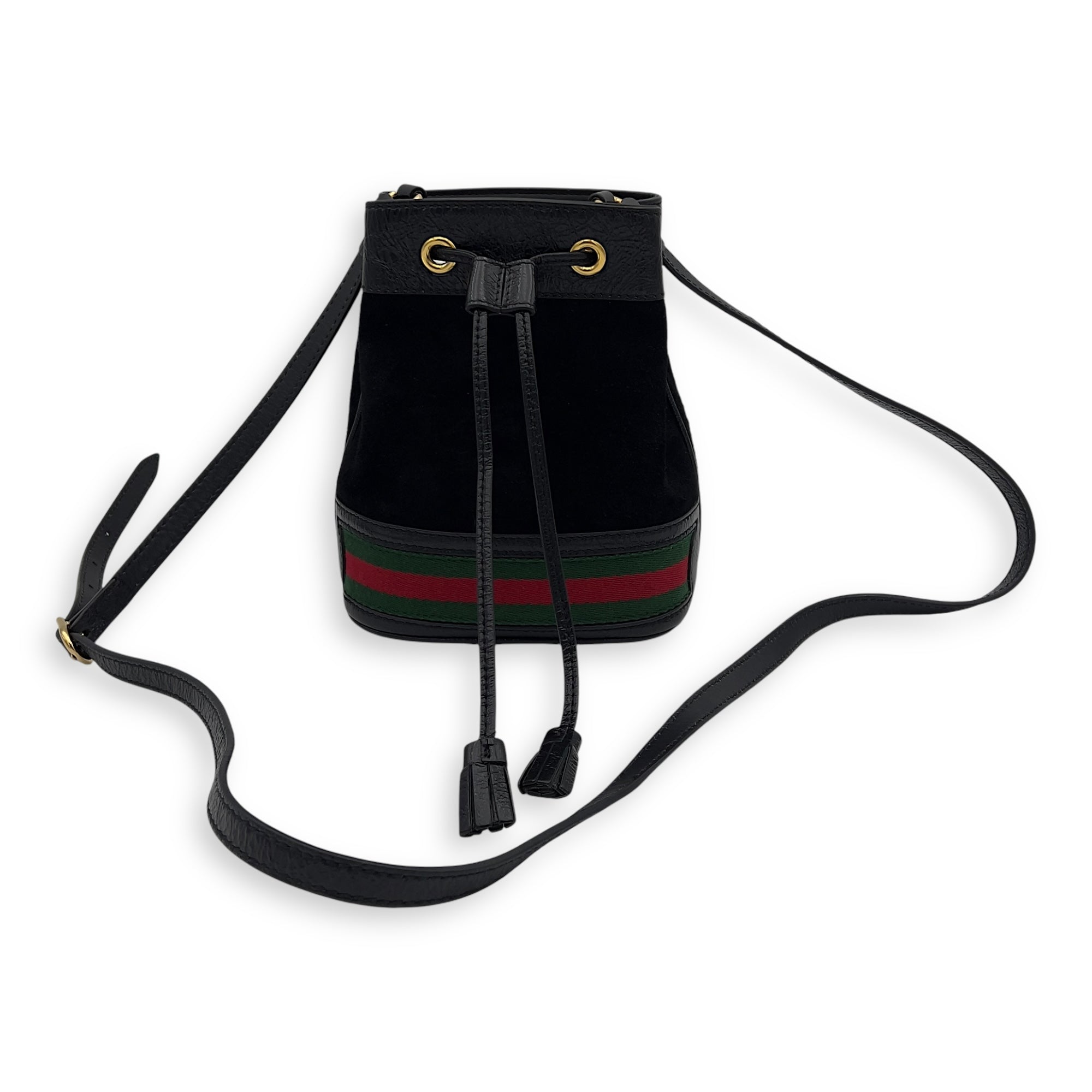 Ophidia Black Bucket Bag in Suede Leather, Gold hardware