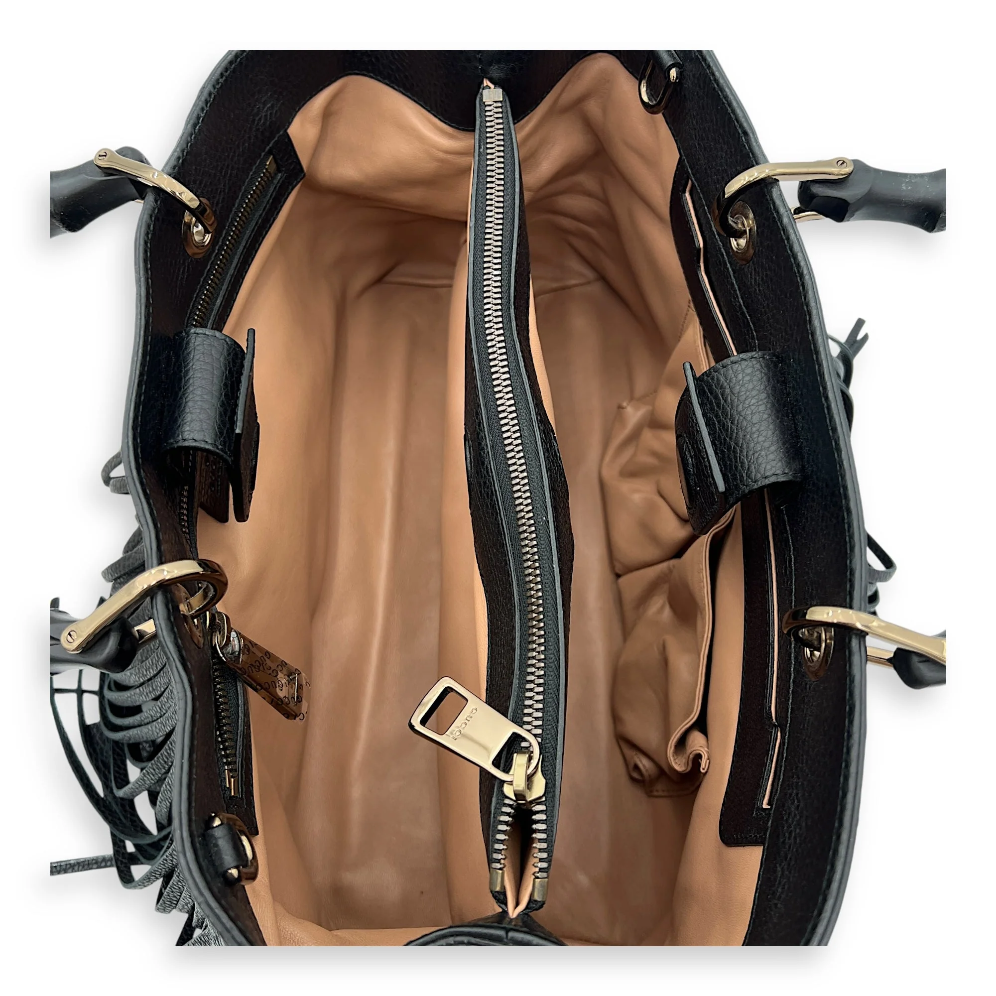 Bamboo Tassel Black Top Handle Bag in Calfskin, Gunmetal hardware