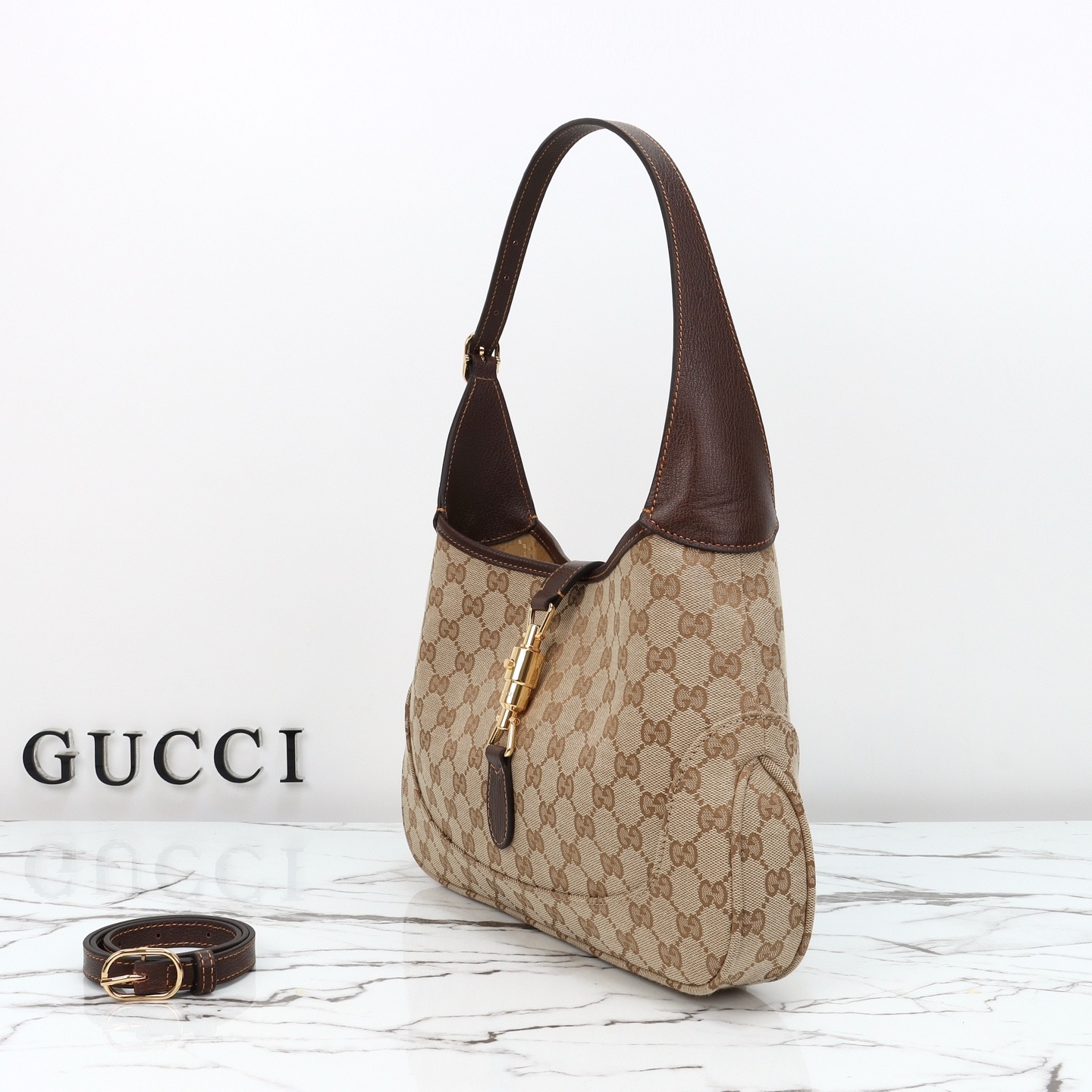 Gucci Jackie 1961 medium shoulder bag Sand and dark brown GG canvas - Bag