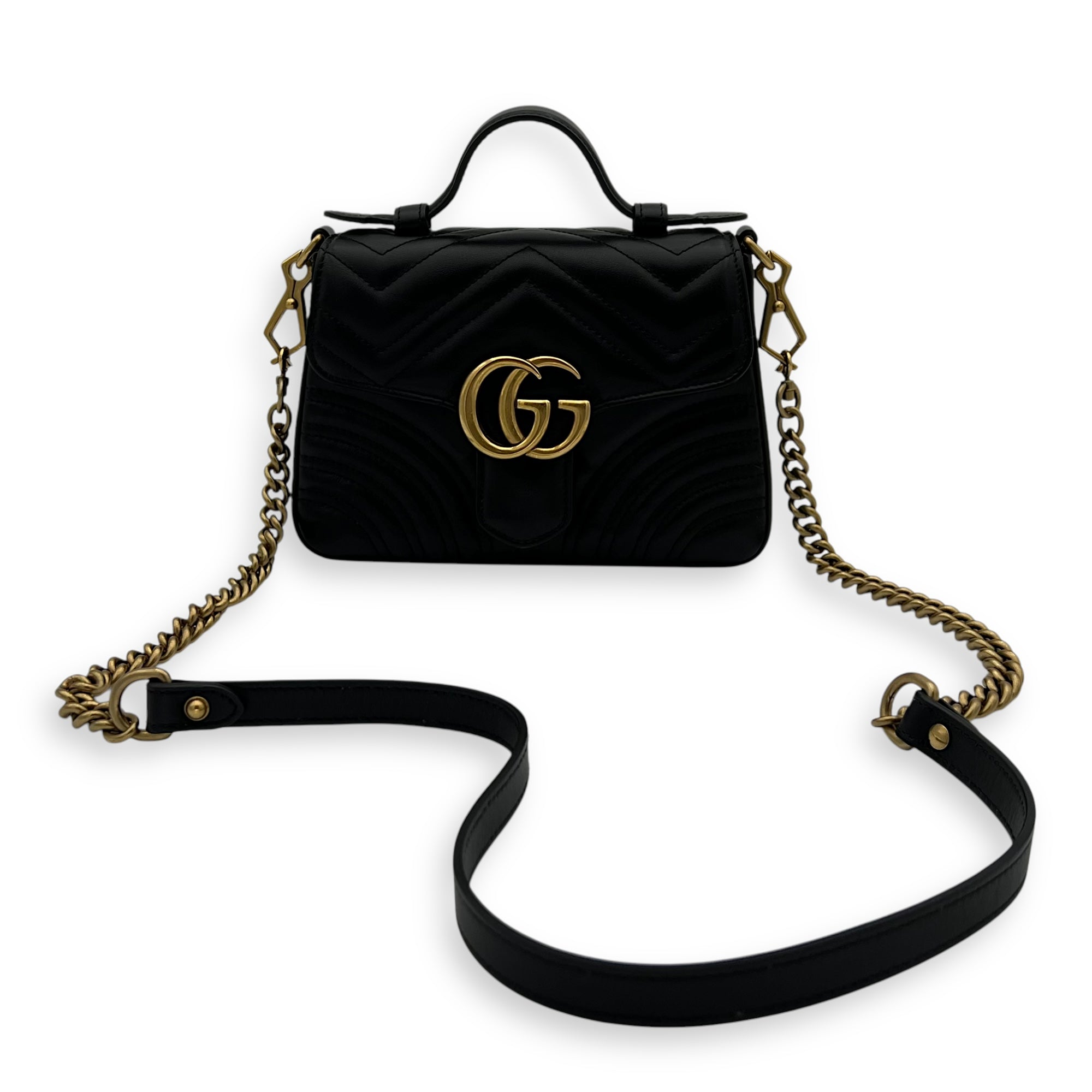 GG Marmont Mini Black Top Handle Bag in Calfskin, Gold hardware