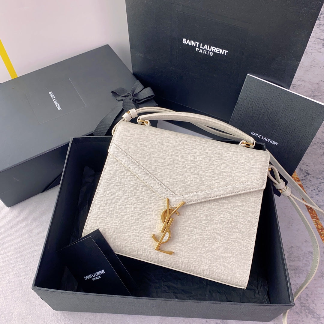 YSL Cassandra Medium Top Handle Bag in Grain Poudre Embossed Leather