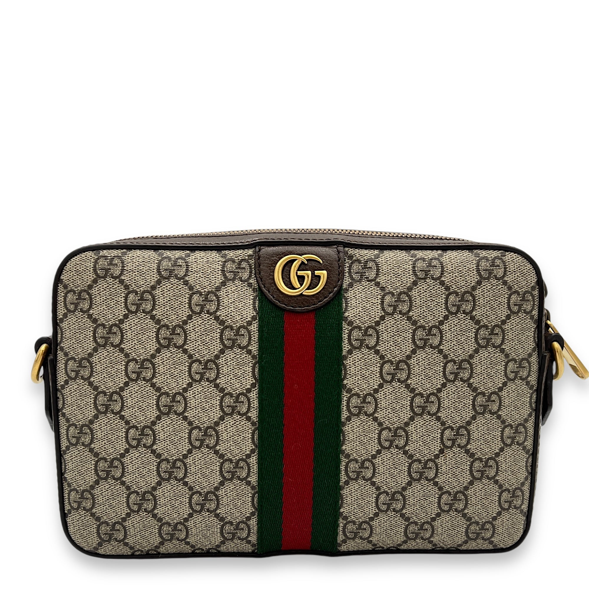 Ophidia Brown Crossbody Bag in Monogram Coated Canvas, Gold hardware