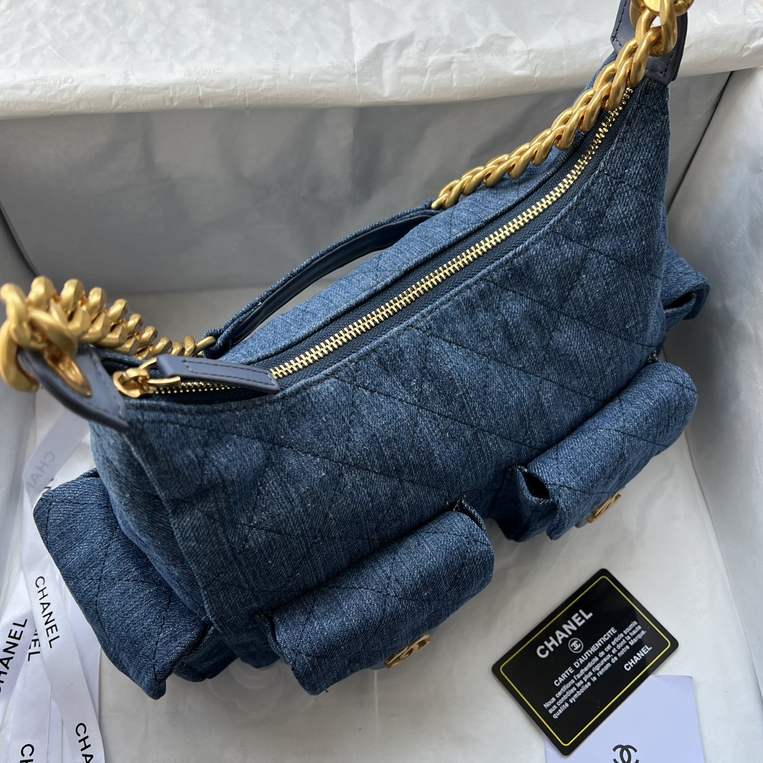 Chanel Hobo Washed Denim And Gold-Tone Metal Blue Bag