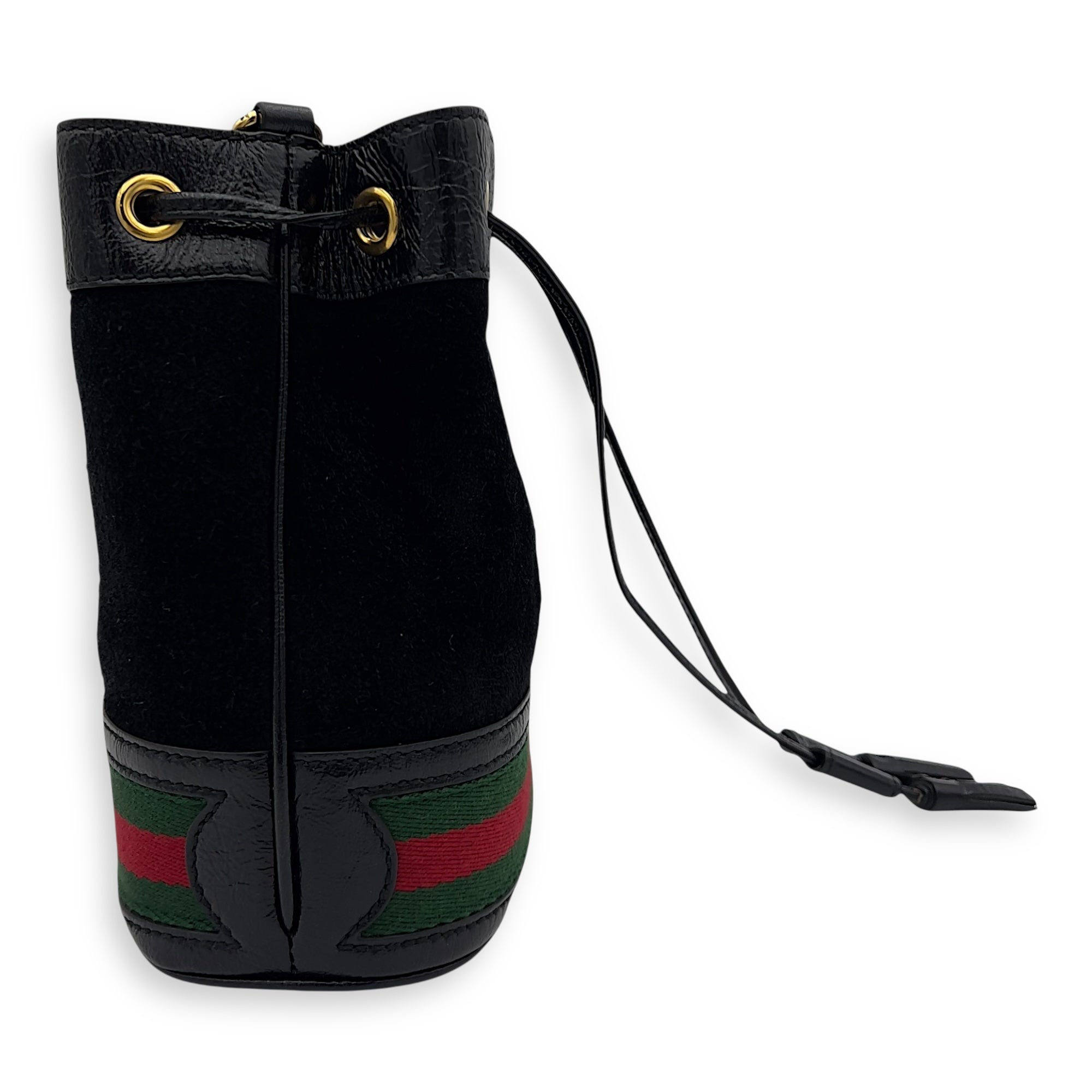 Ophidia Black Bucket Bag in Suede Leather, Gold hardware