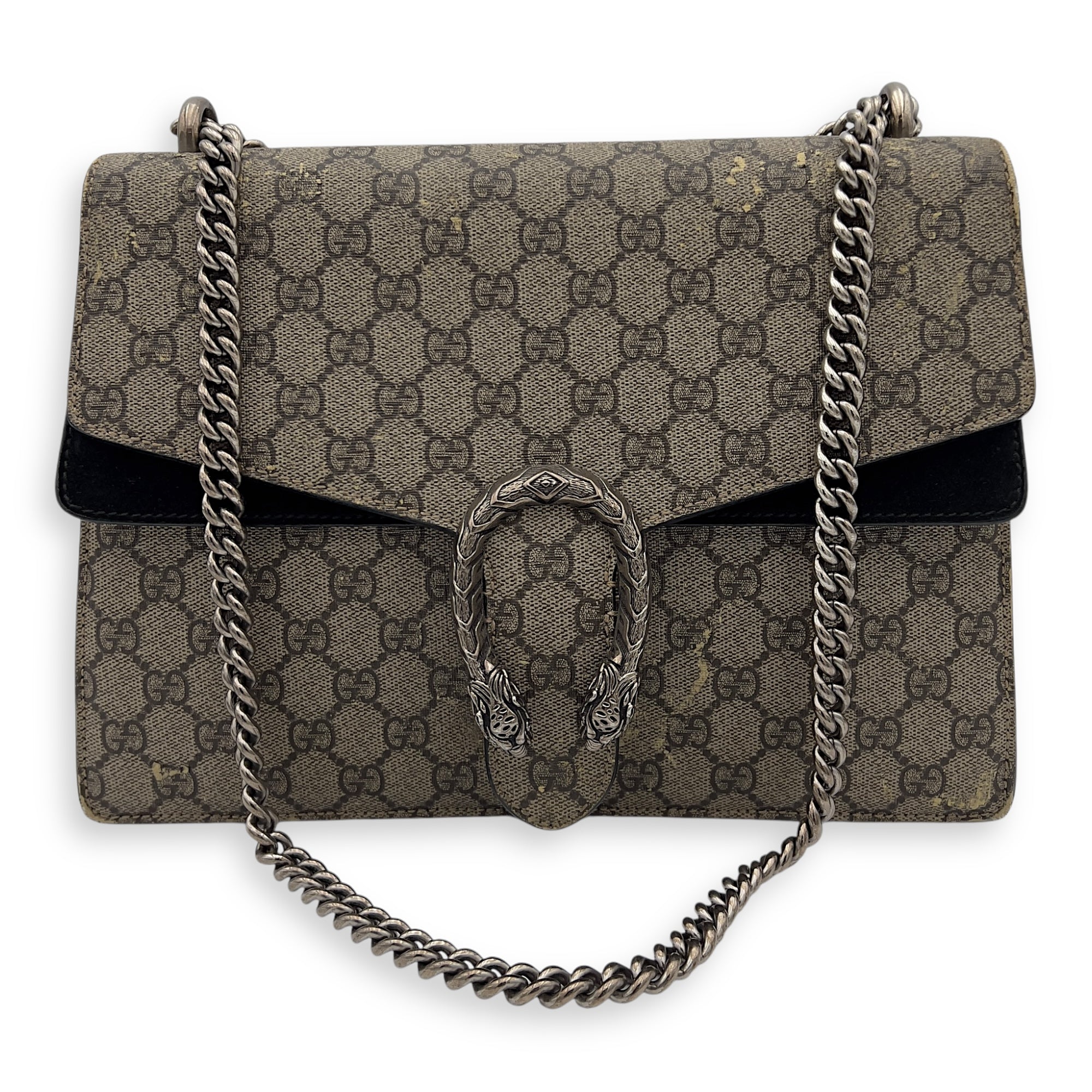 Dionysus Shoulder Bag Beige in Suede Leather, Silver hardware