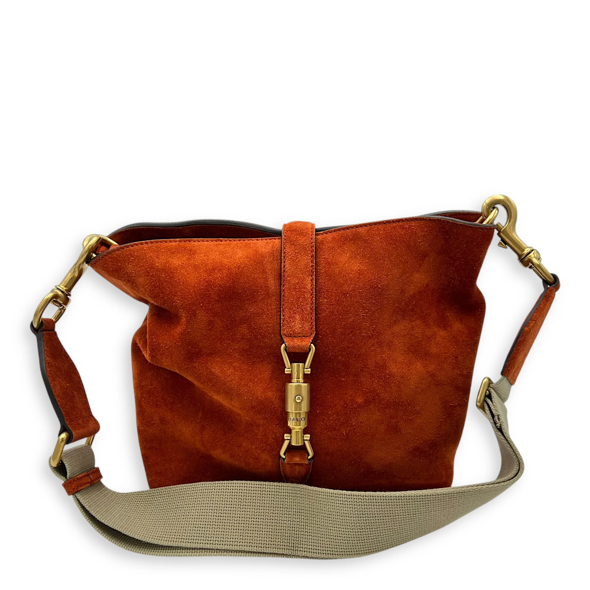 Jackie Orange Bucket Bag in Suede Leather, Gold hardware