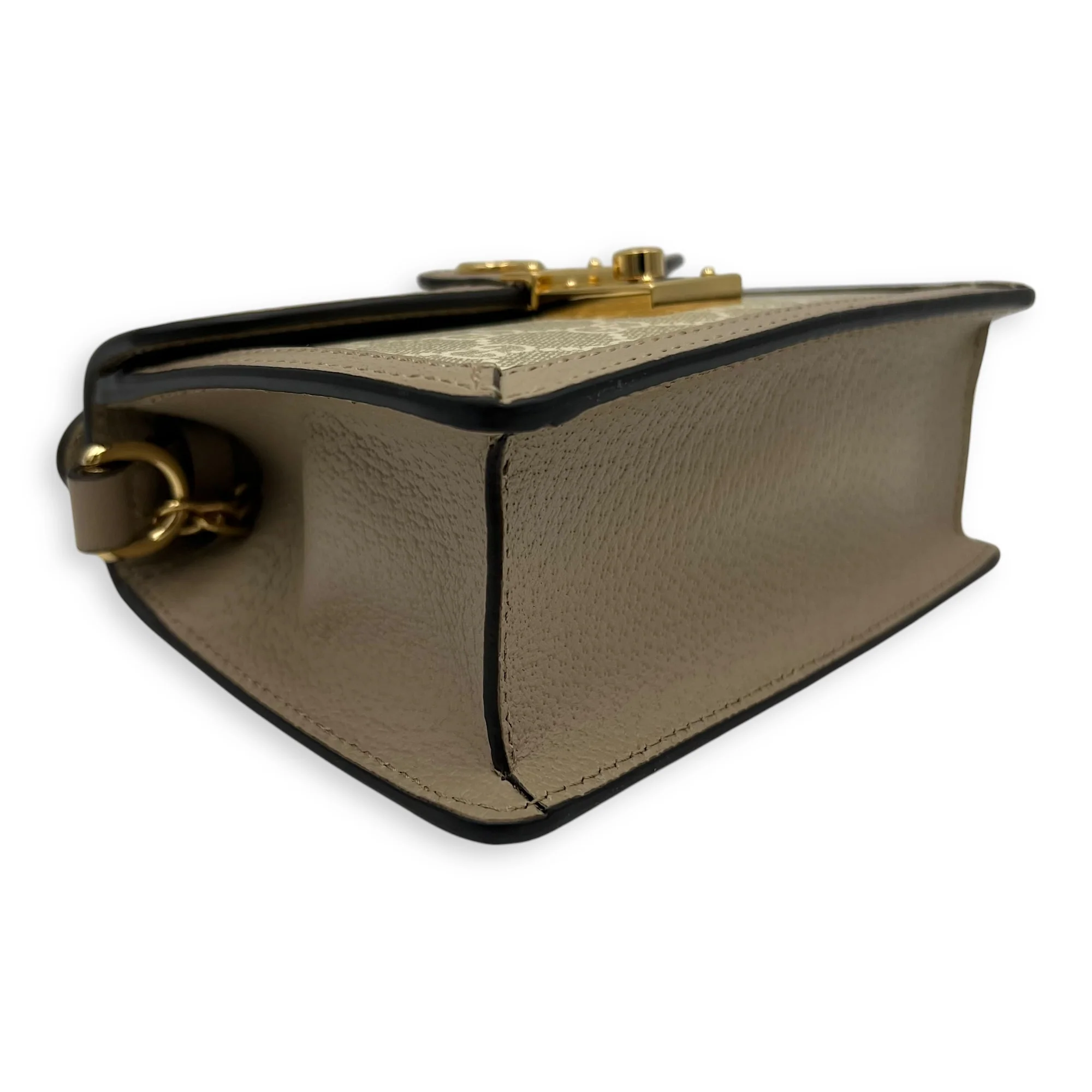 Ophidia Mini Beige Top Handle Bag in Coated Canvas, Gold hardware
