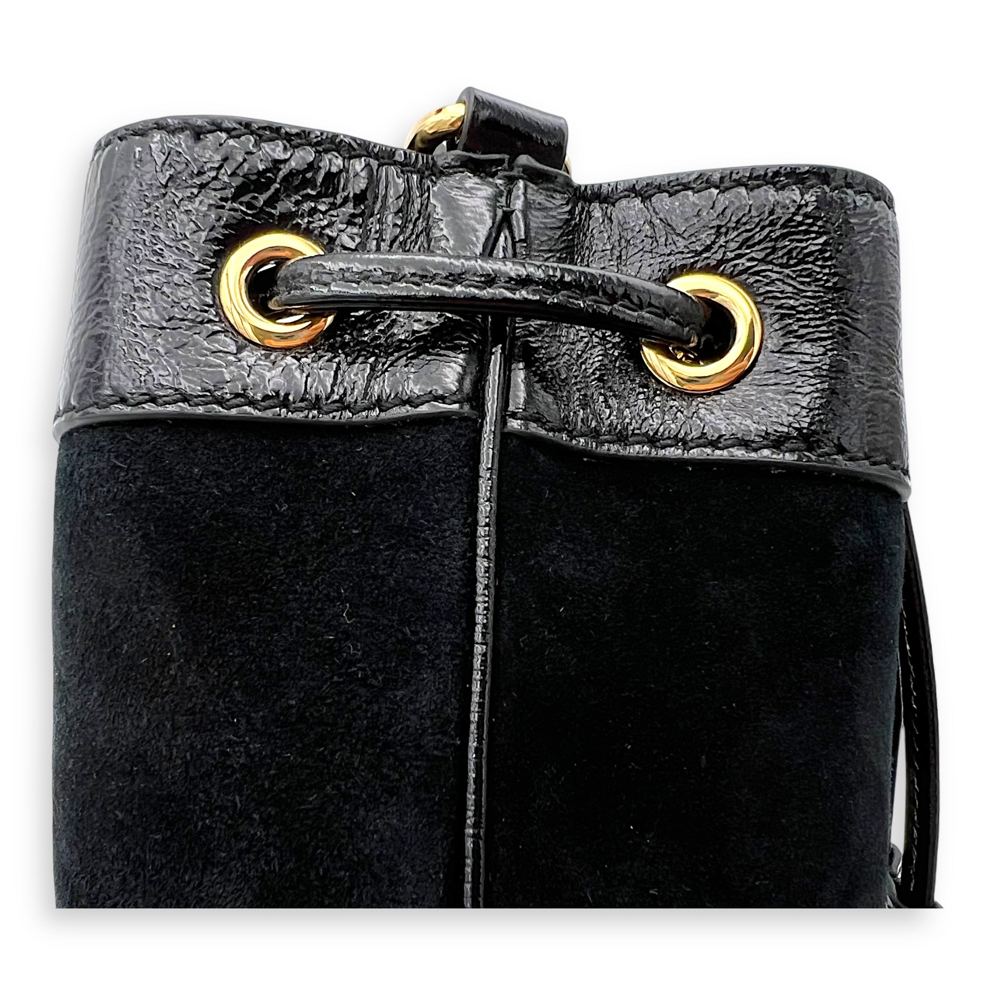 Ophidia Bucket Bag Black in Suede Leather, Gold hardware