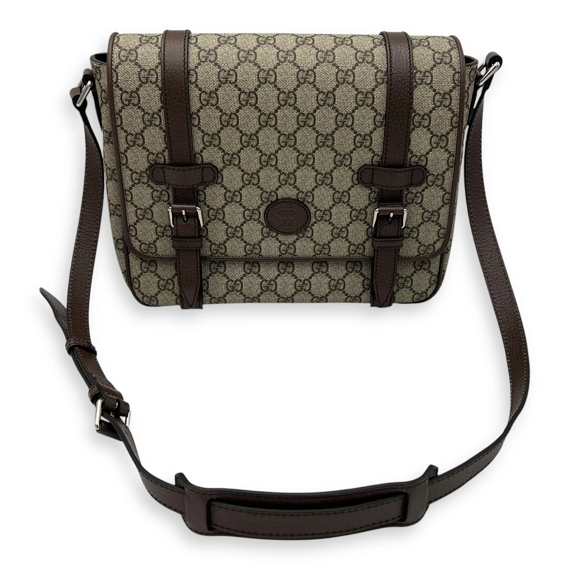 GG Supreme Brown Messenger in Coated Canvas, Silver hardware