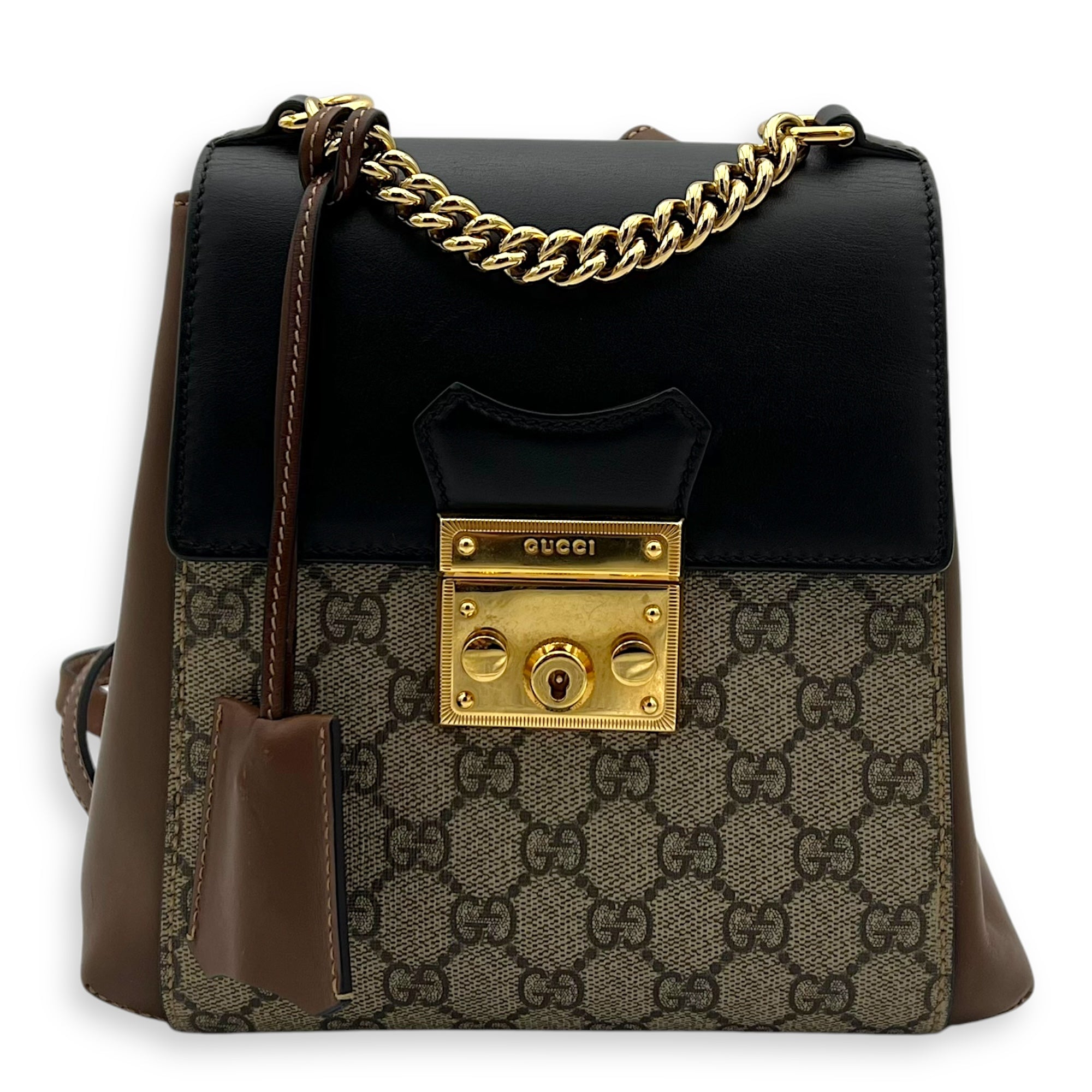 Padlock Backpack Brown in Coated Canvas, Gold hardware