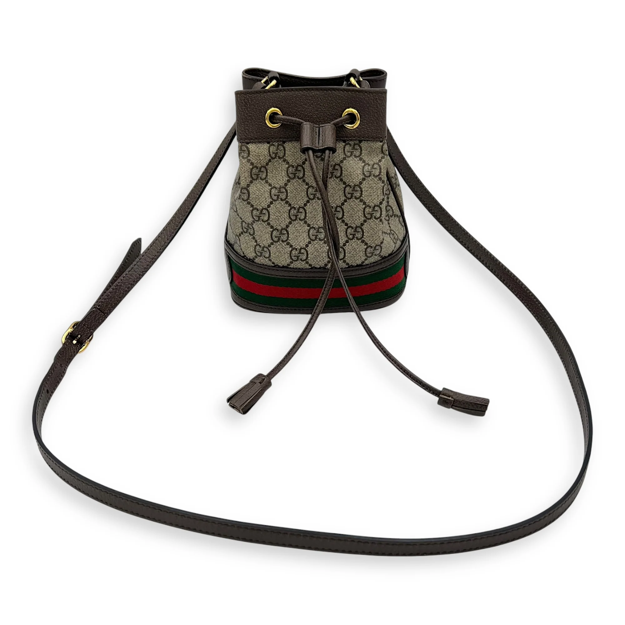 Ophidia Brown Bucket Bag in Monogram Coated Canvas, Gold hardware