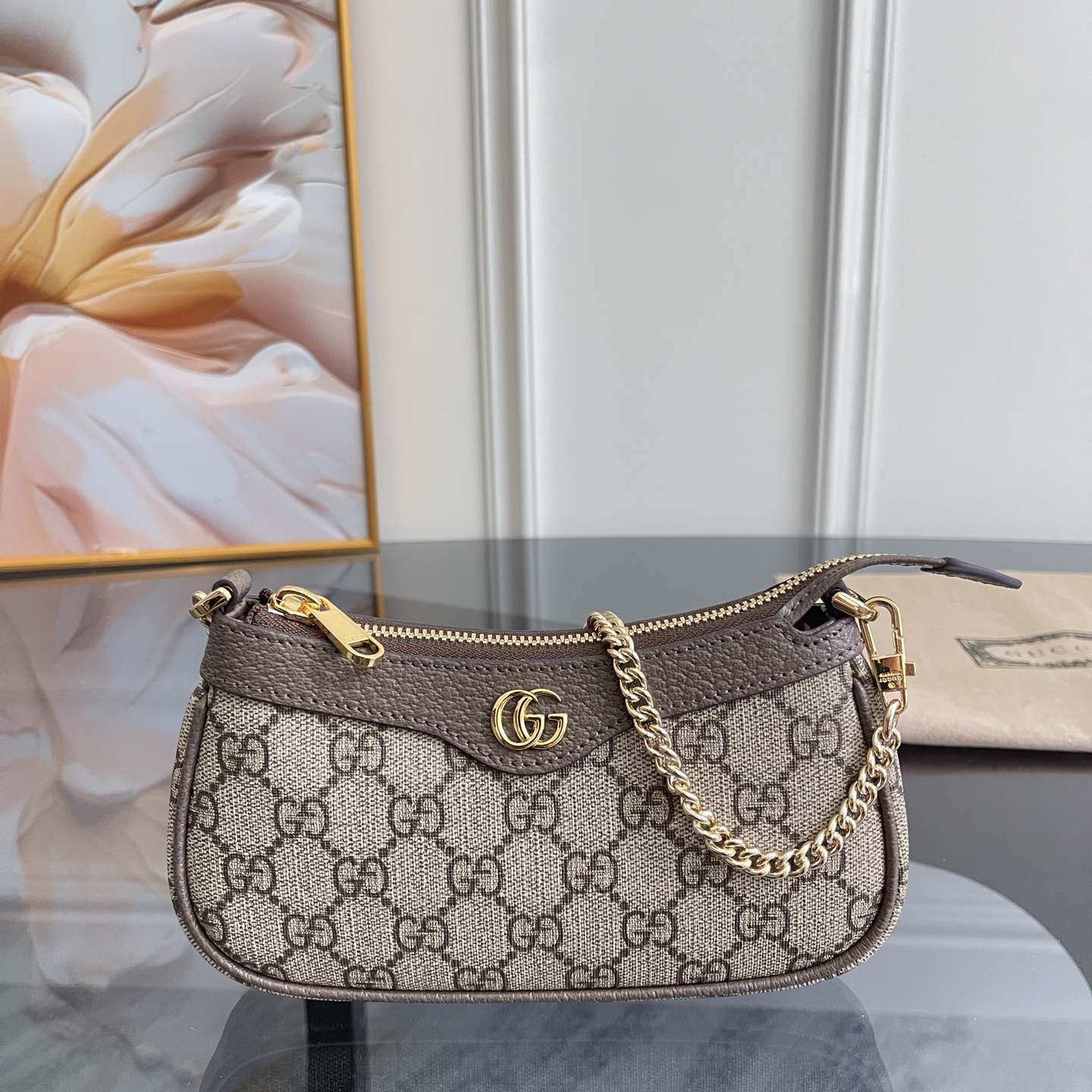 [TOP]Gucci Ophidia Collection Small Handbag - Beige And Dark Brown Bag