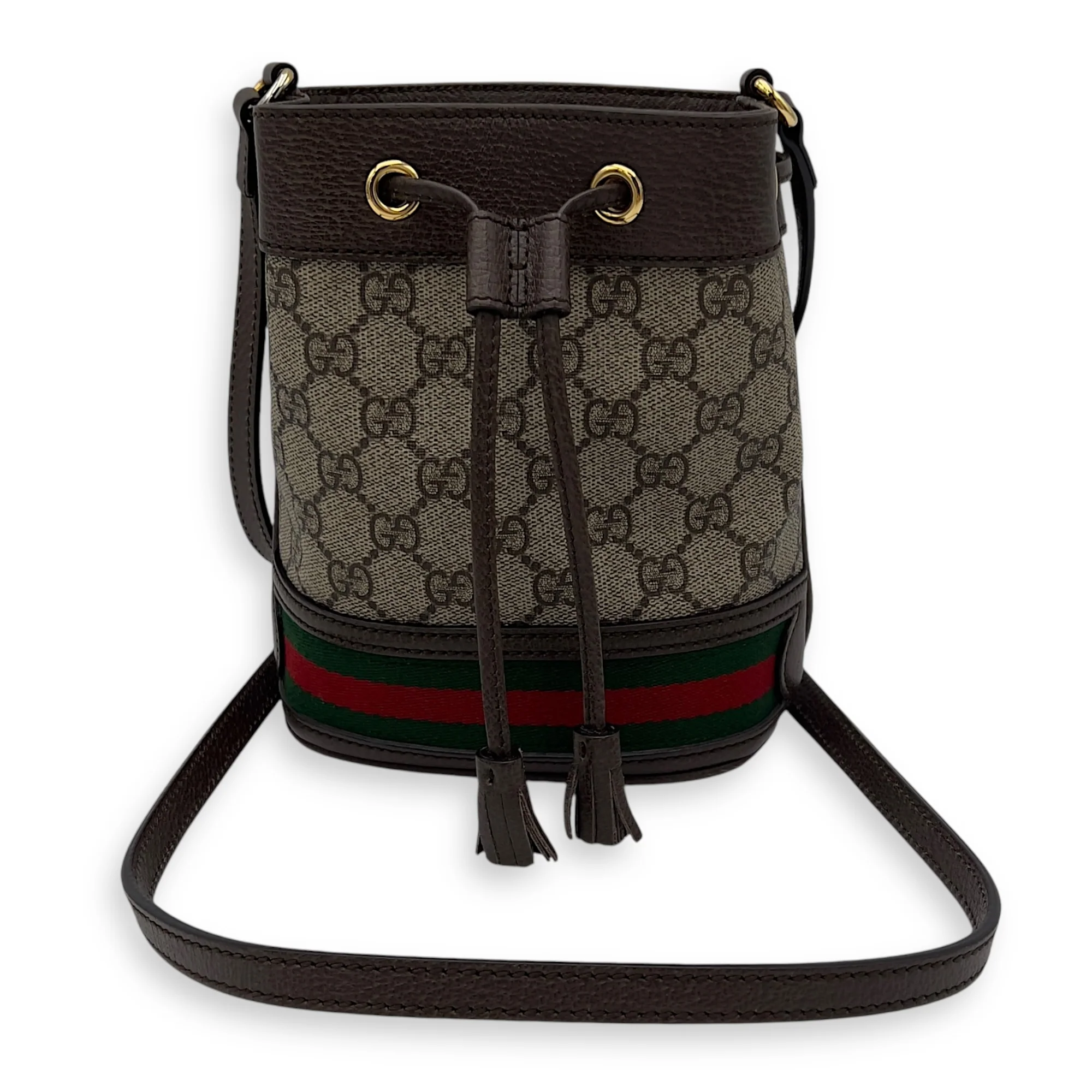 Ophidia Bucket Bag Brown in Coated Canvas, Gold hardware
