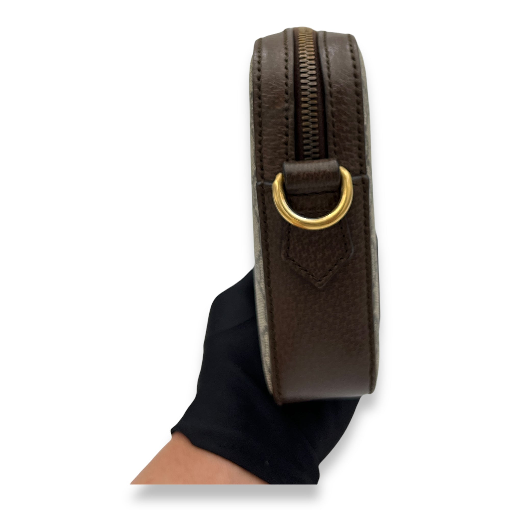 Ophidia Brown Crossbody Bag in Monogram Coated Canvas, Gold hardware