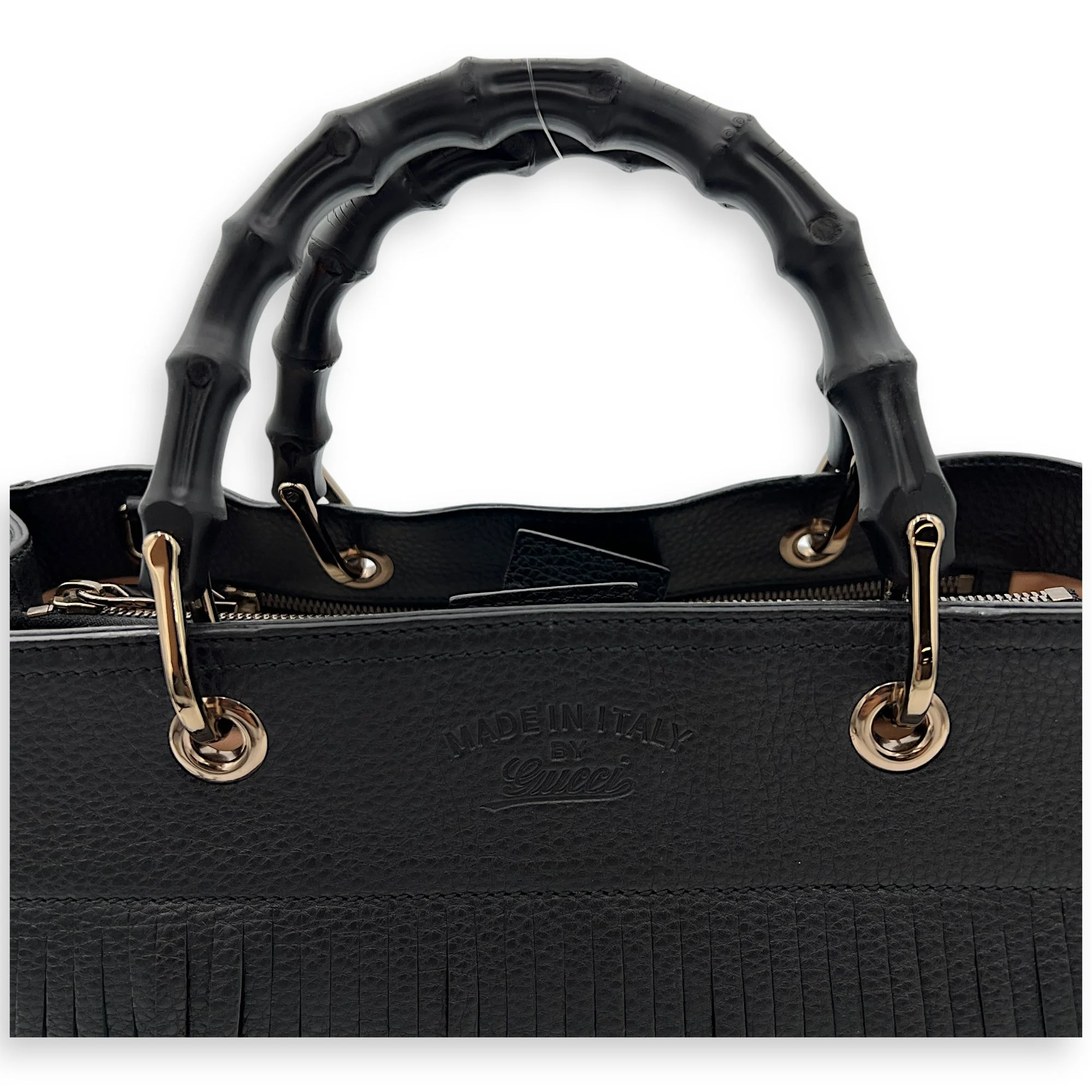 Bamboo Tassel Black Top Handle Bag in Calfskin, Gunmetal hardware