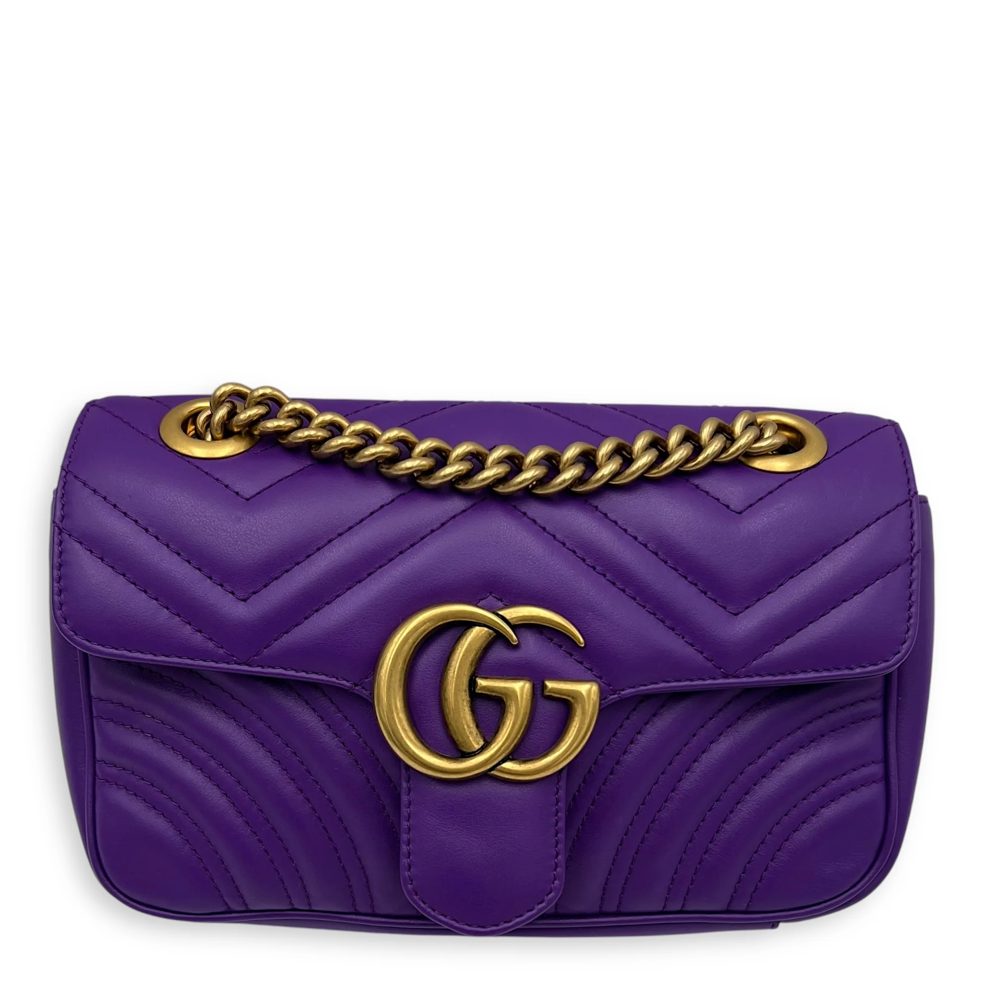 GG Marmont Mini Purple Shoulder Bag in Calfskin, Gold hardware