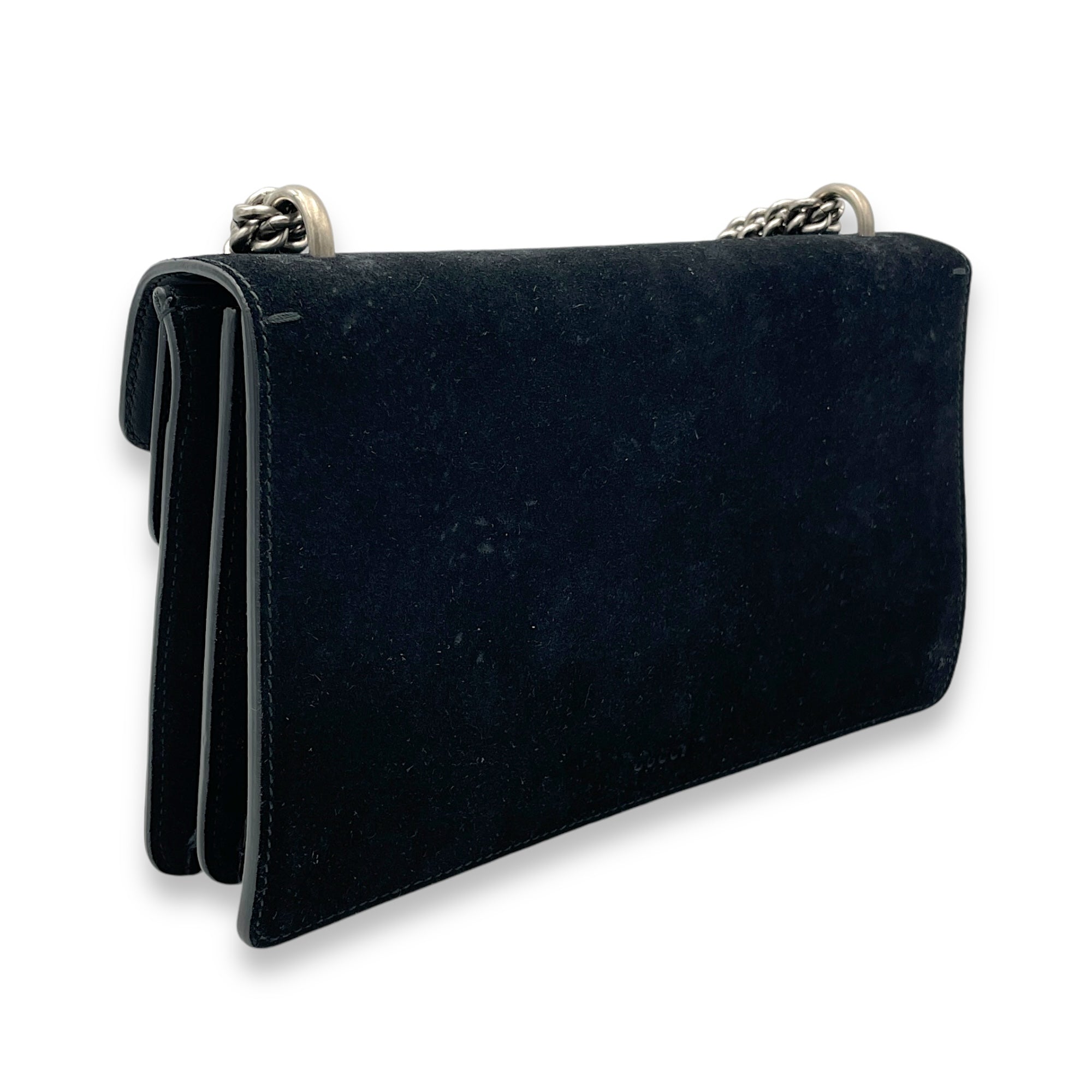Dionysus Small Black Shoulder Bag in Suede Leather, Silver hardware