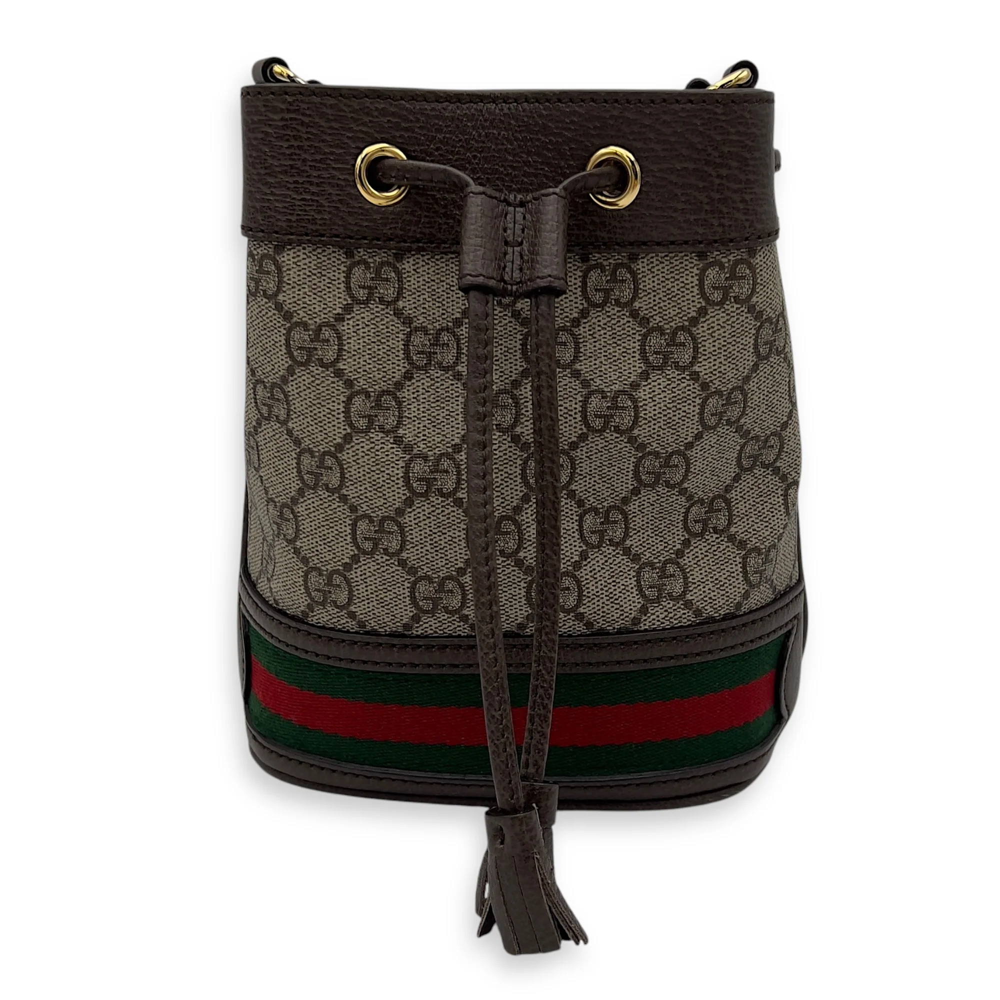 Ophidia Bucket Bag Brown in Coated Canvas, Gold hardware