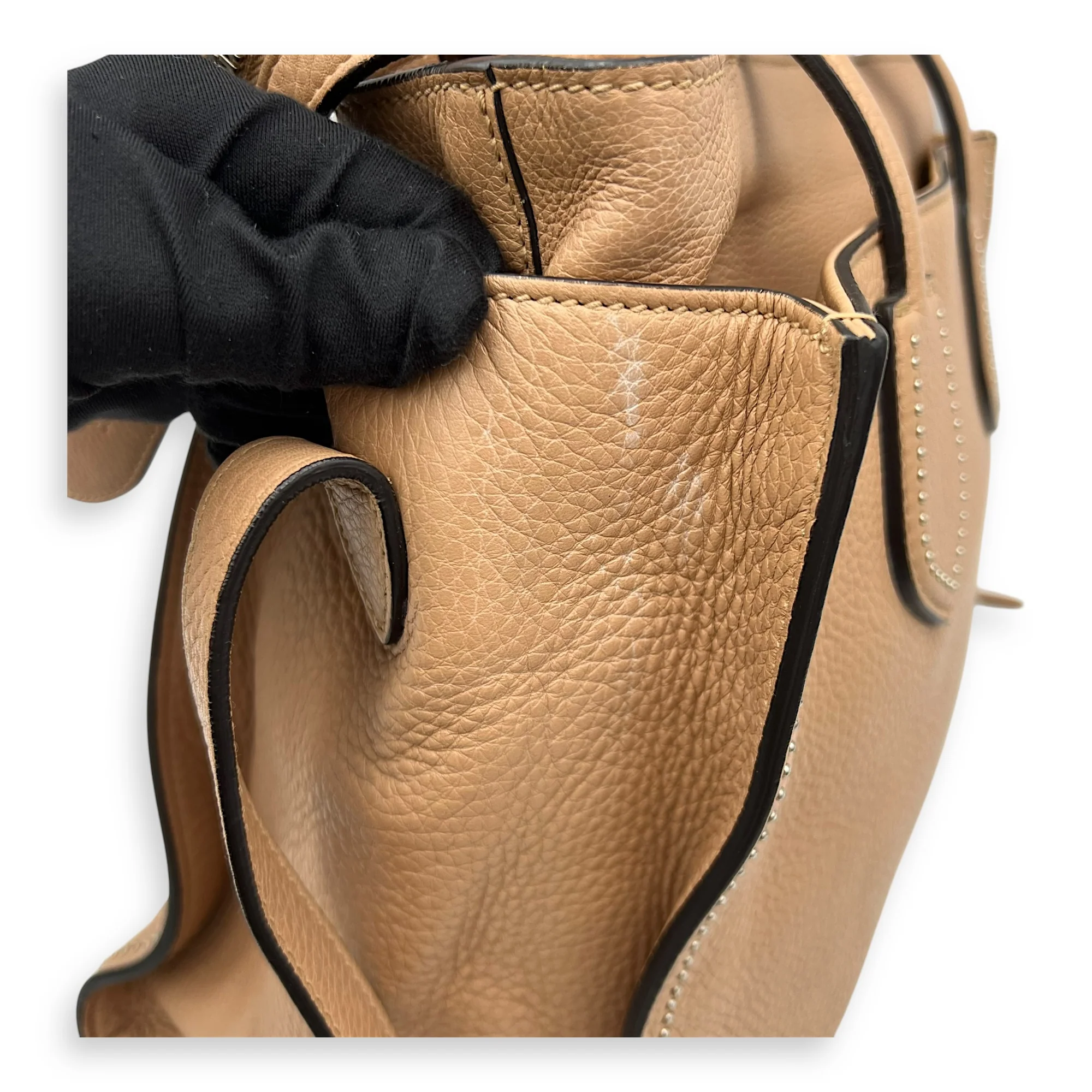 Studded 2 Way Brown Top Handle Bag in Calfskin, Gold hardware