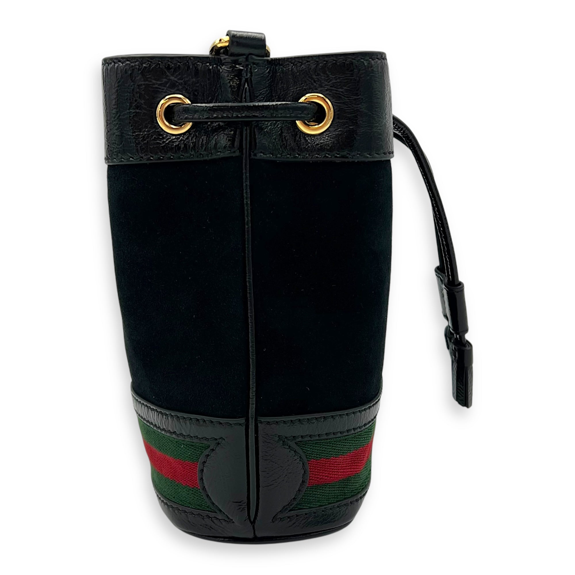 Ophidia Bucket Bag Black in Suede Leather, Gold hardware