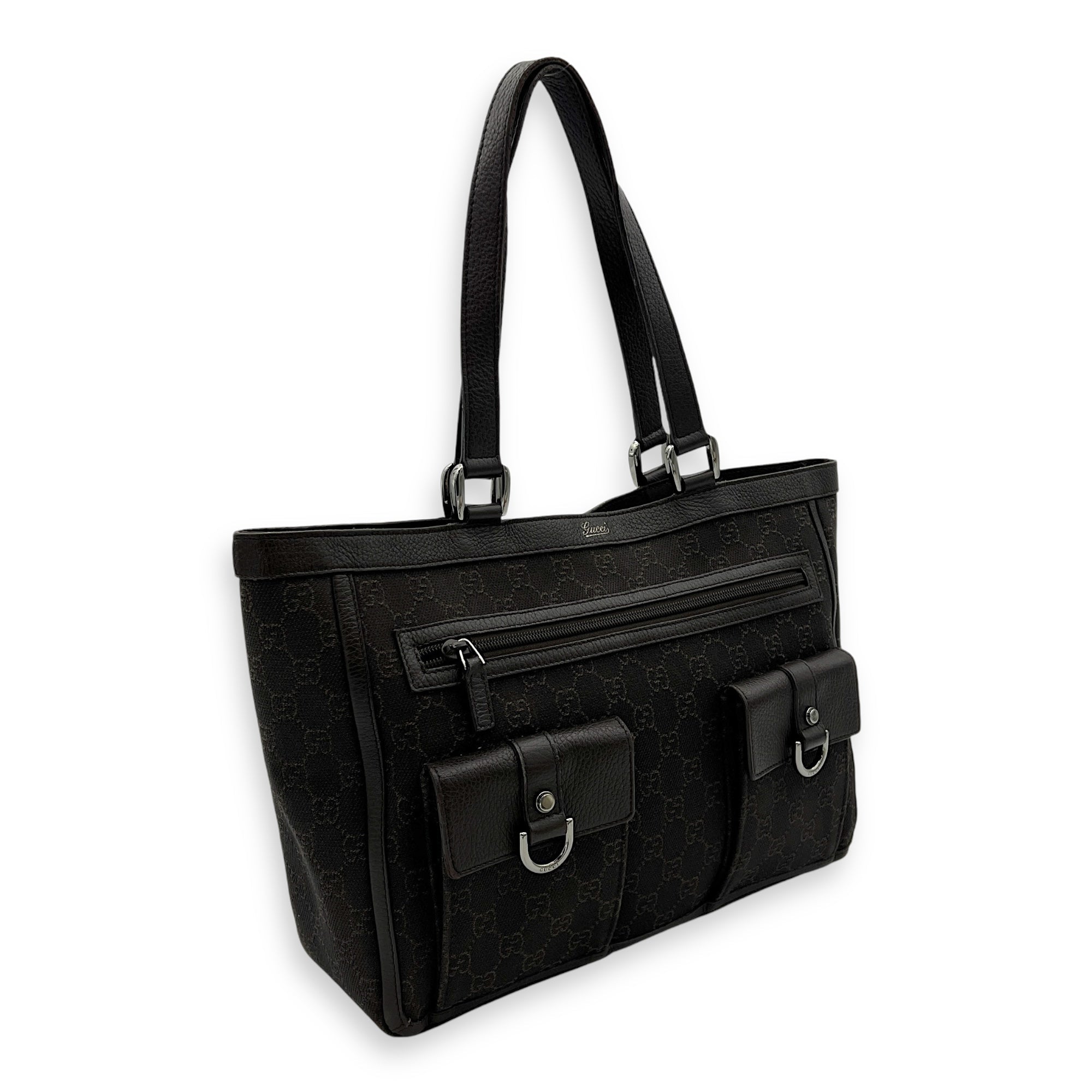 GG Abbey Pocket Black Tote Bag in Canvas, Silver hardware