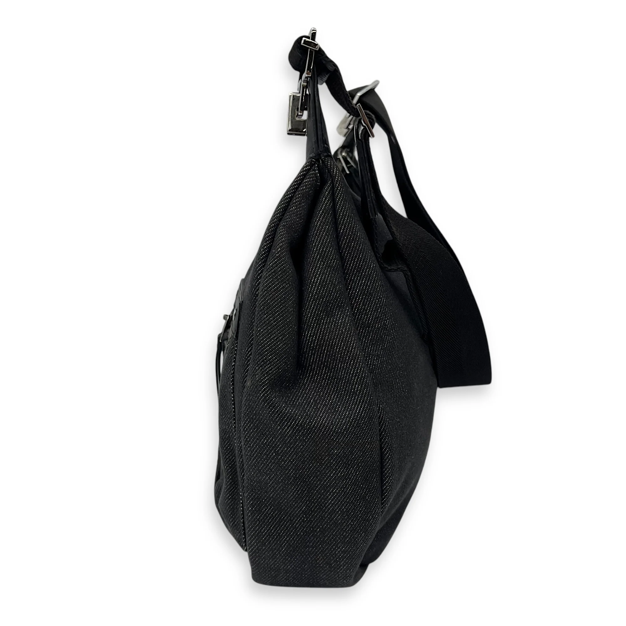 Pocket Black Shoulder Bag in Denim, Silver hardware