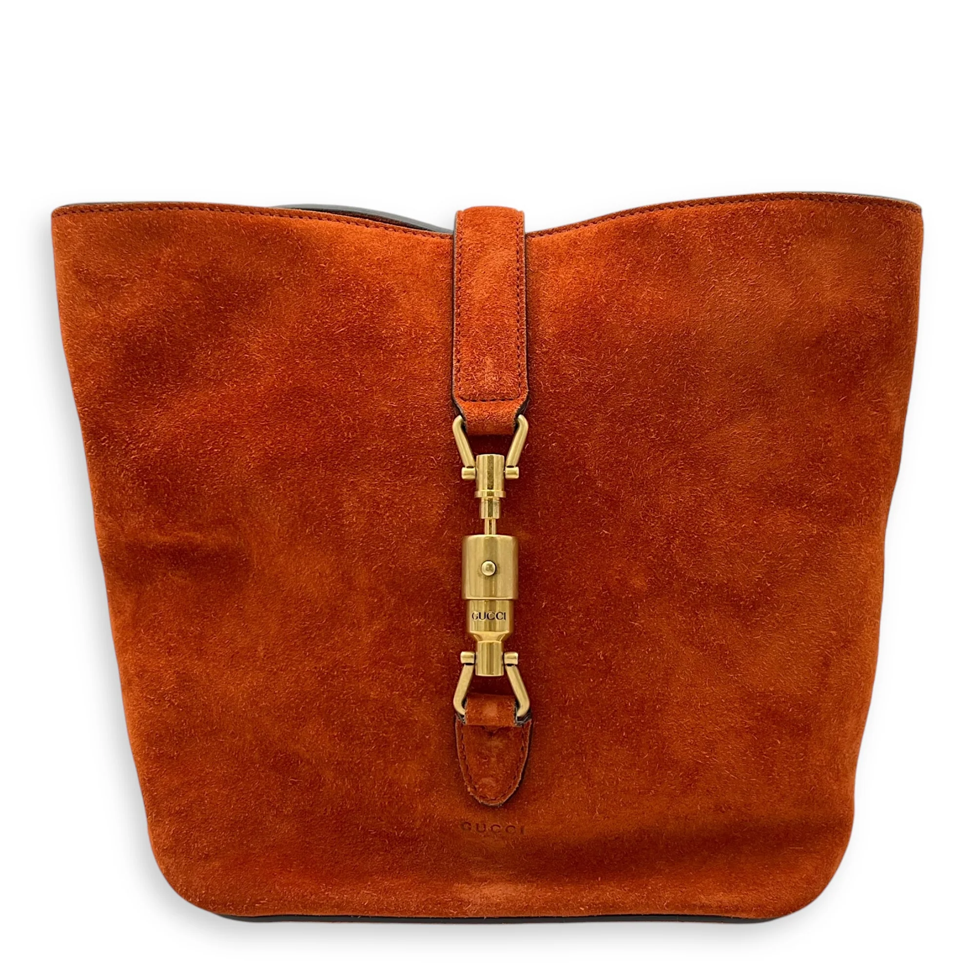 Jackie Orange Bucket Bag in Suede Leather, Gold hardware