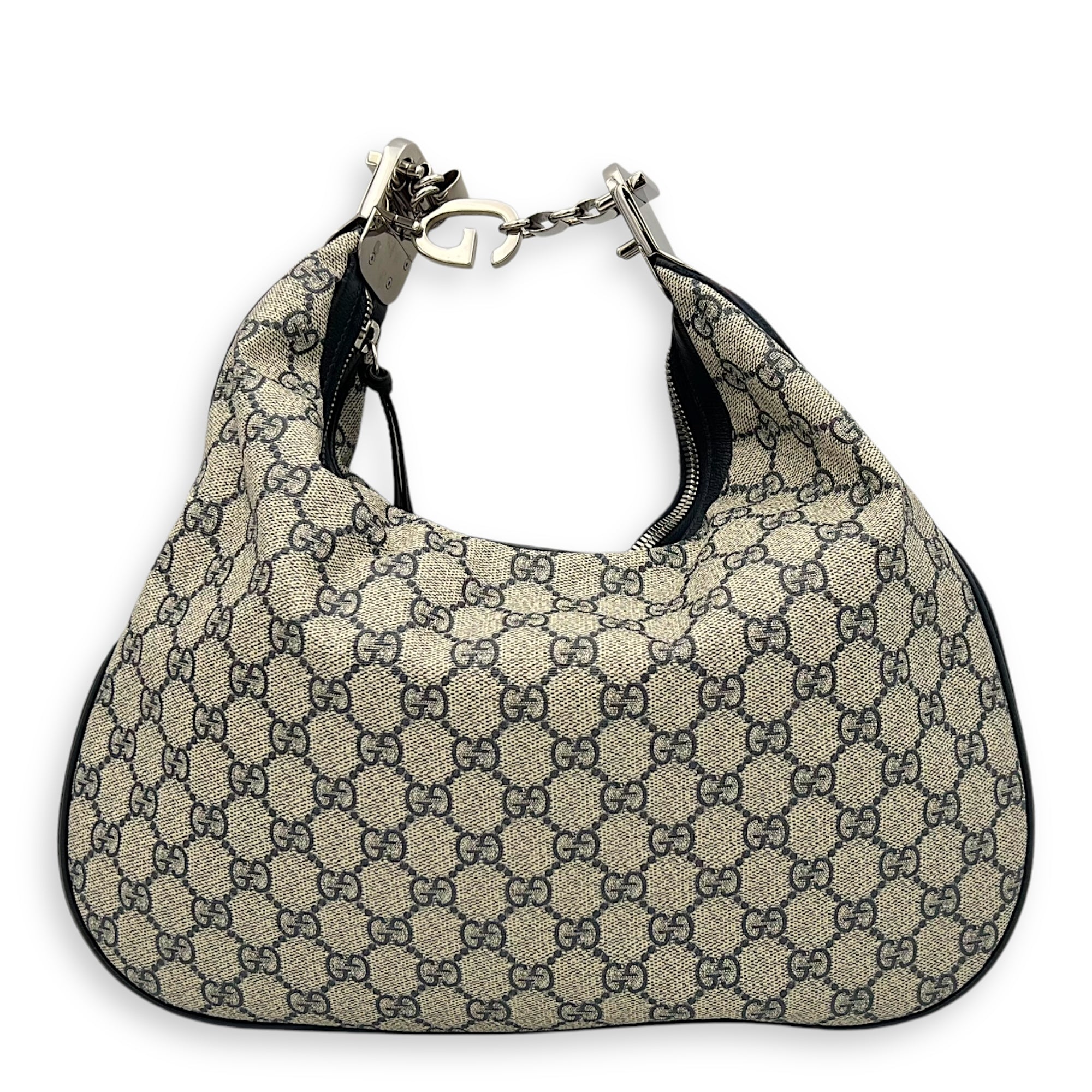 Attache Shoulder Bag Blue in Coated Canvas, Silver hardware