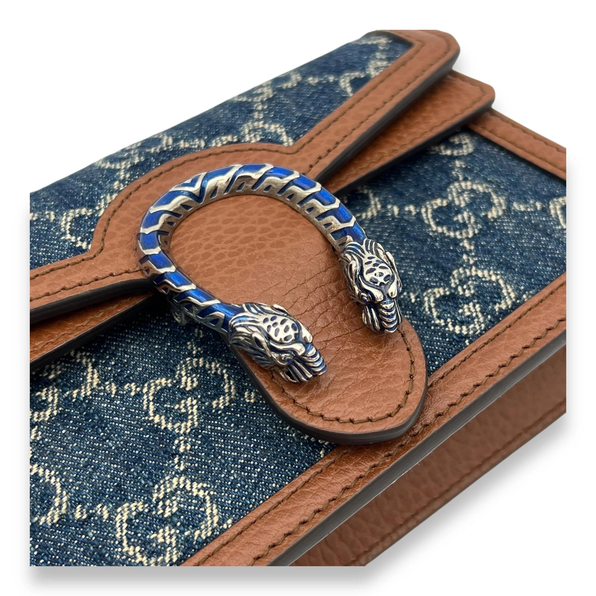 Dionysus Crossbody Bag Super Mini Blue in Denim, Silver hardware