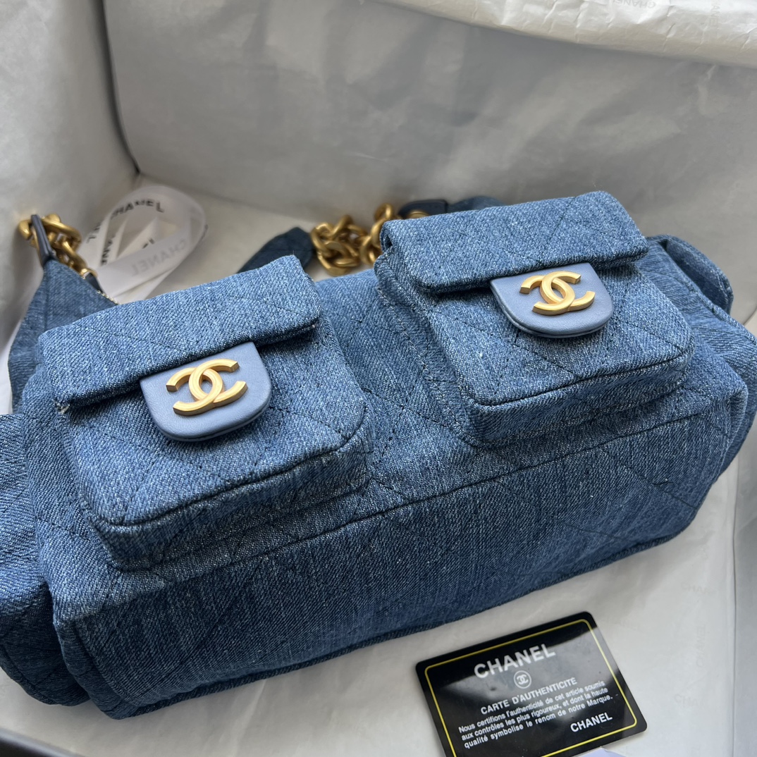 Chanel Hobo Washed Denim And Gold-Tone Metal Blue Bag