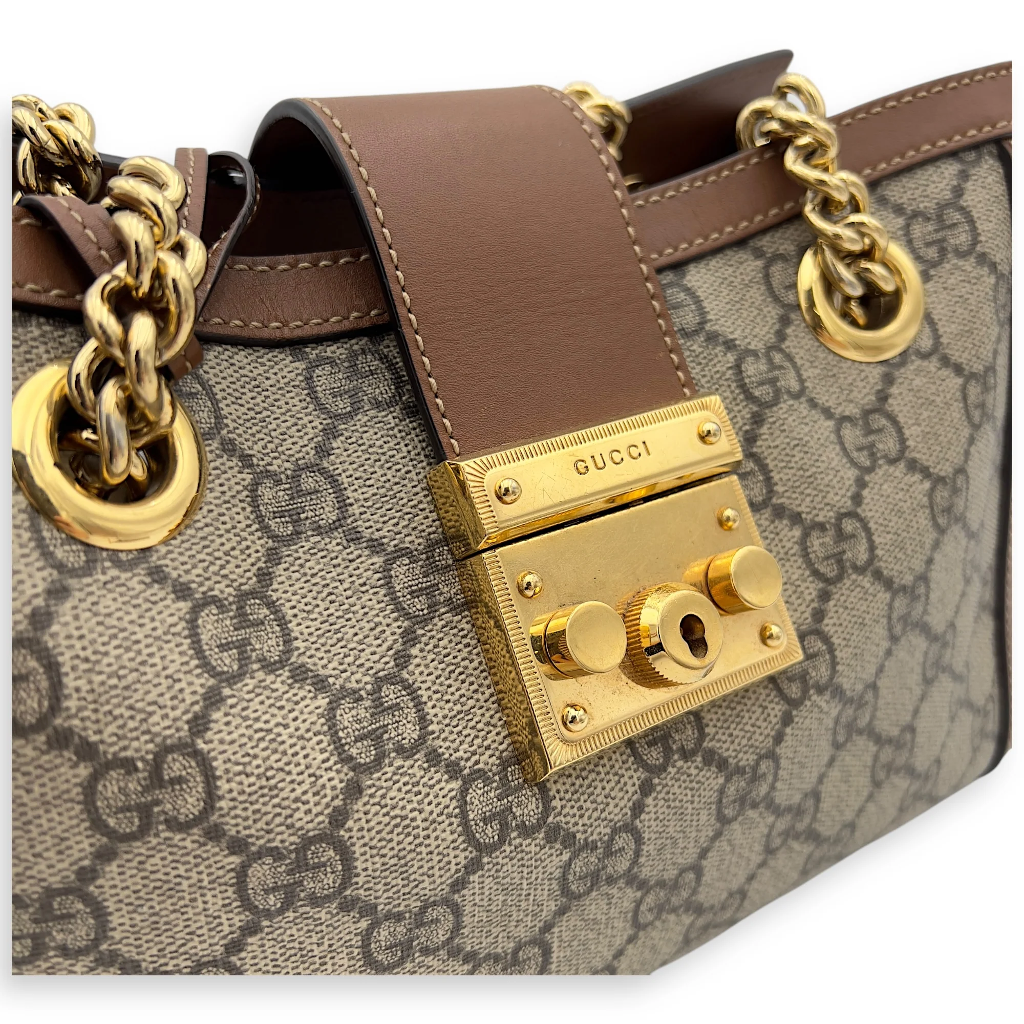 Padlock Shoulder Bag Brown in Monogram Coated Canvas, Gold hardware