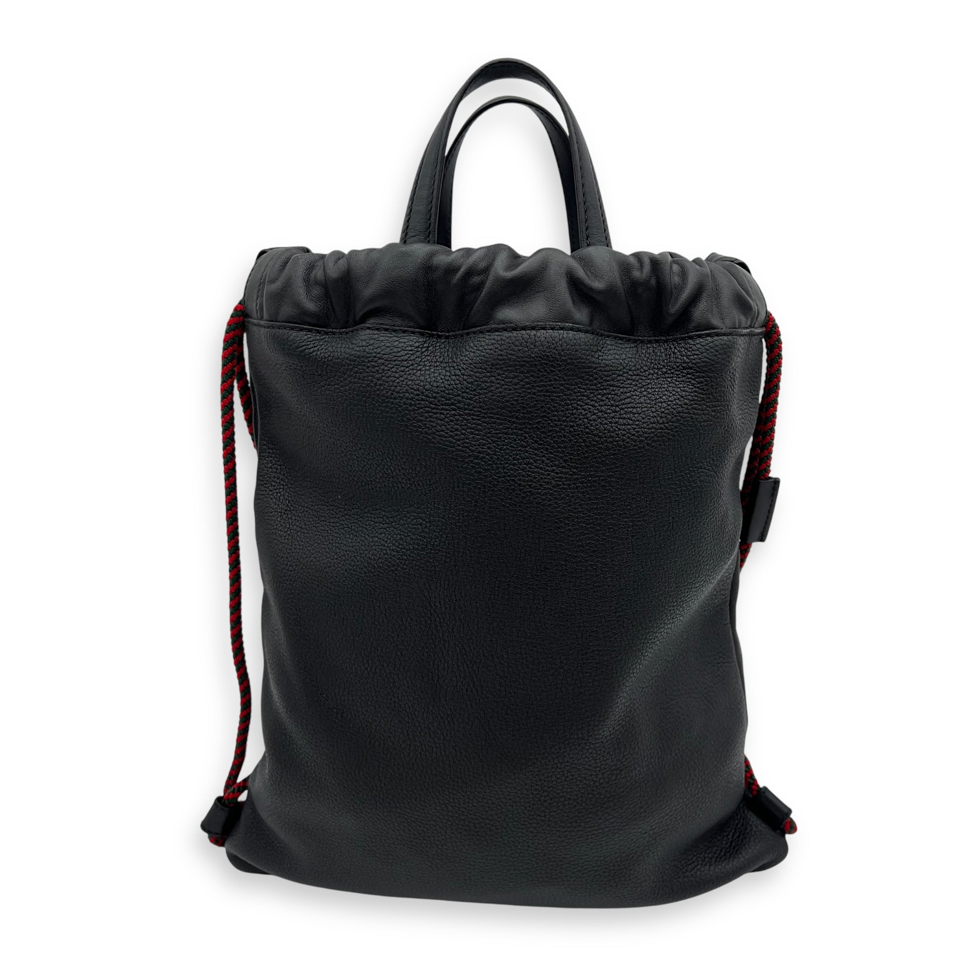 Logo Black Drawstring Backpack in Calfskin