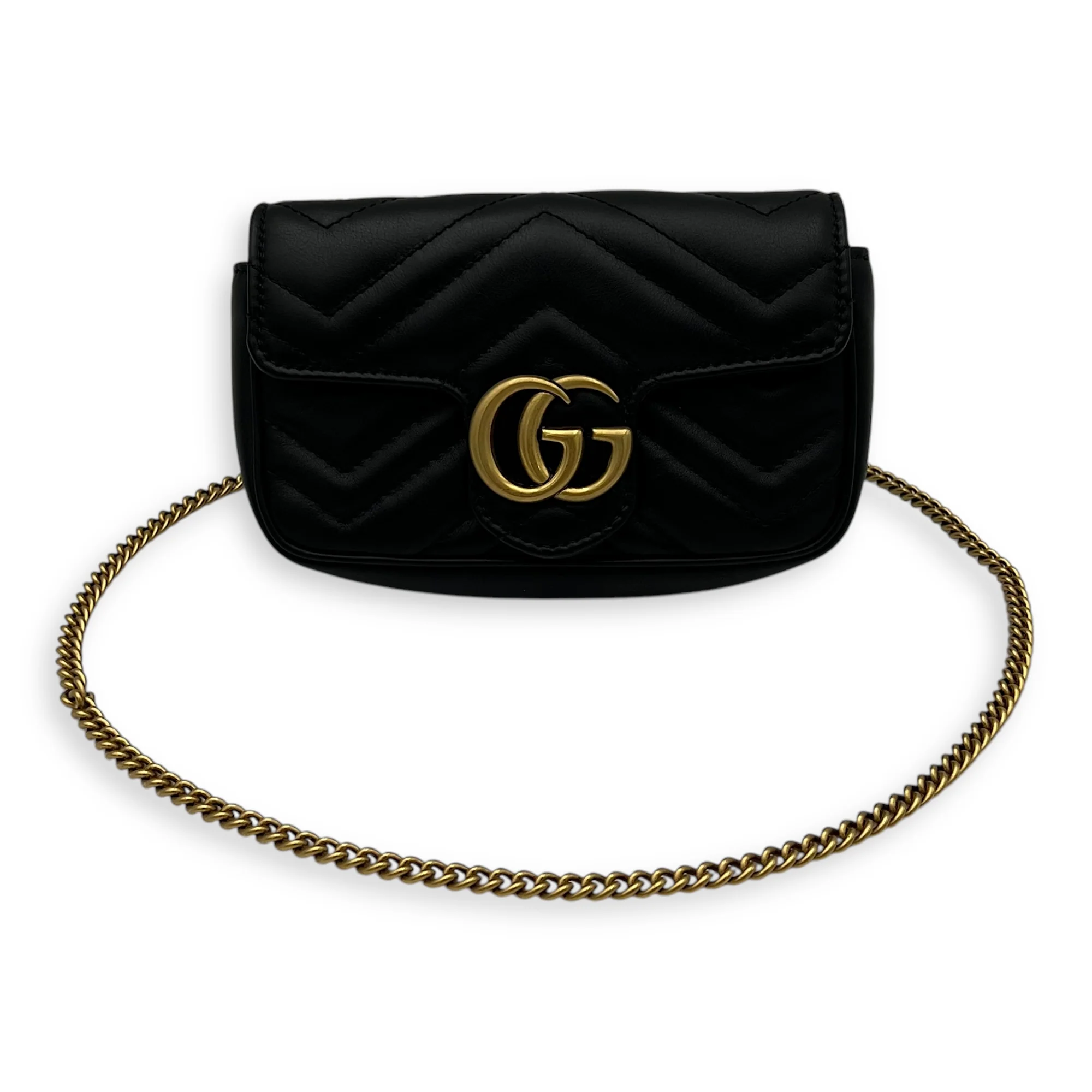 GG Marmont Crossbody Bag Super Mini Black in Calfskin, Gold hardware