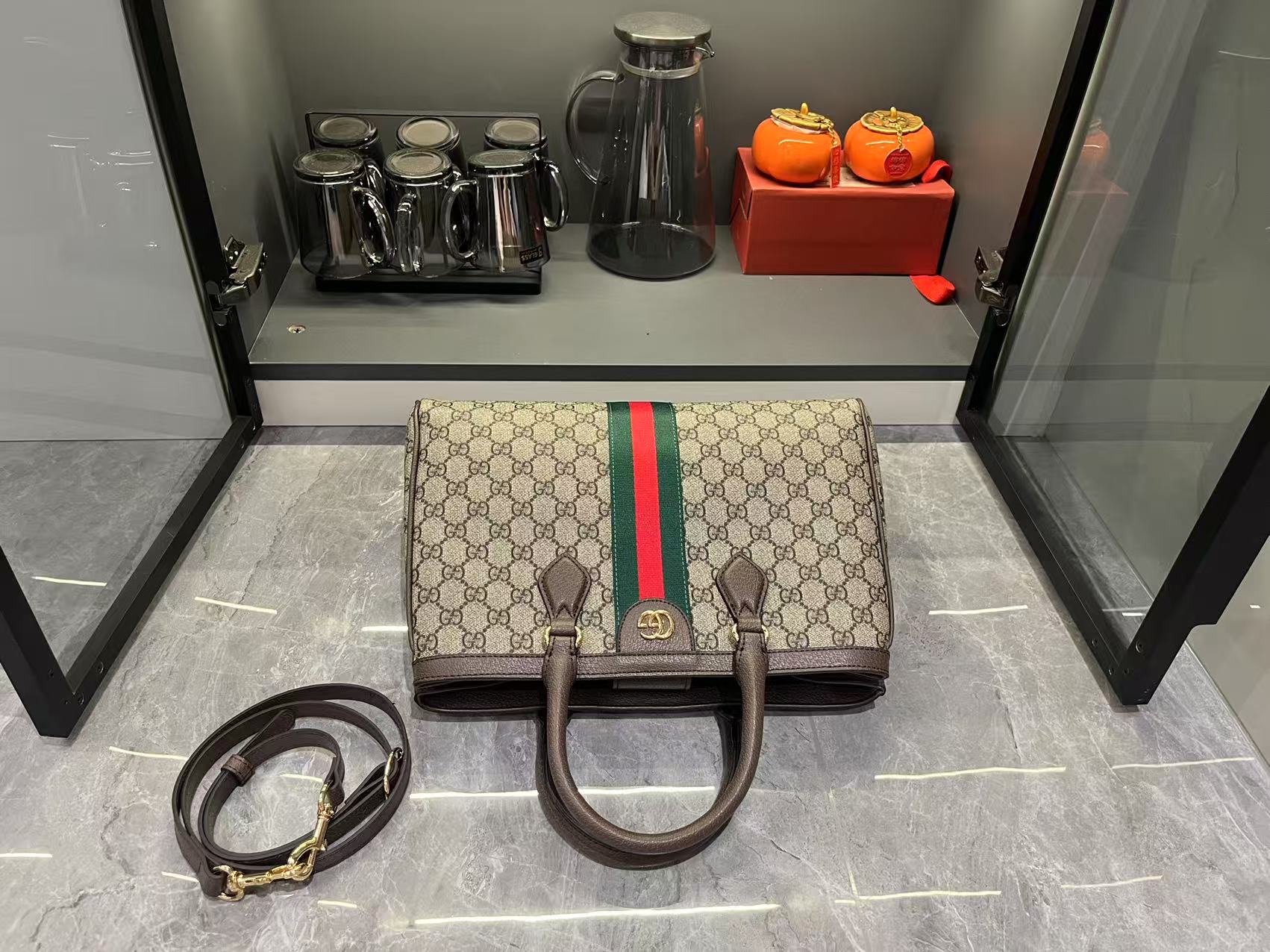 Gucci Ophidia Tote Bag Medium Size GG Monogram coated fabric - Beige and dark brown