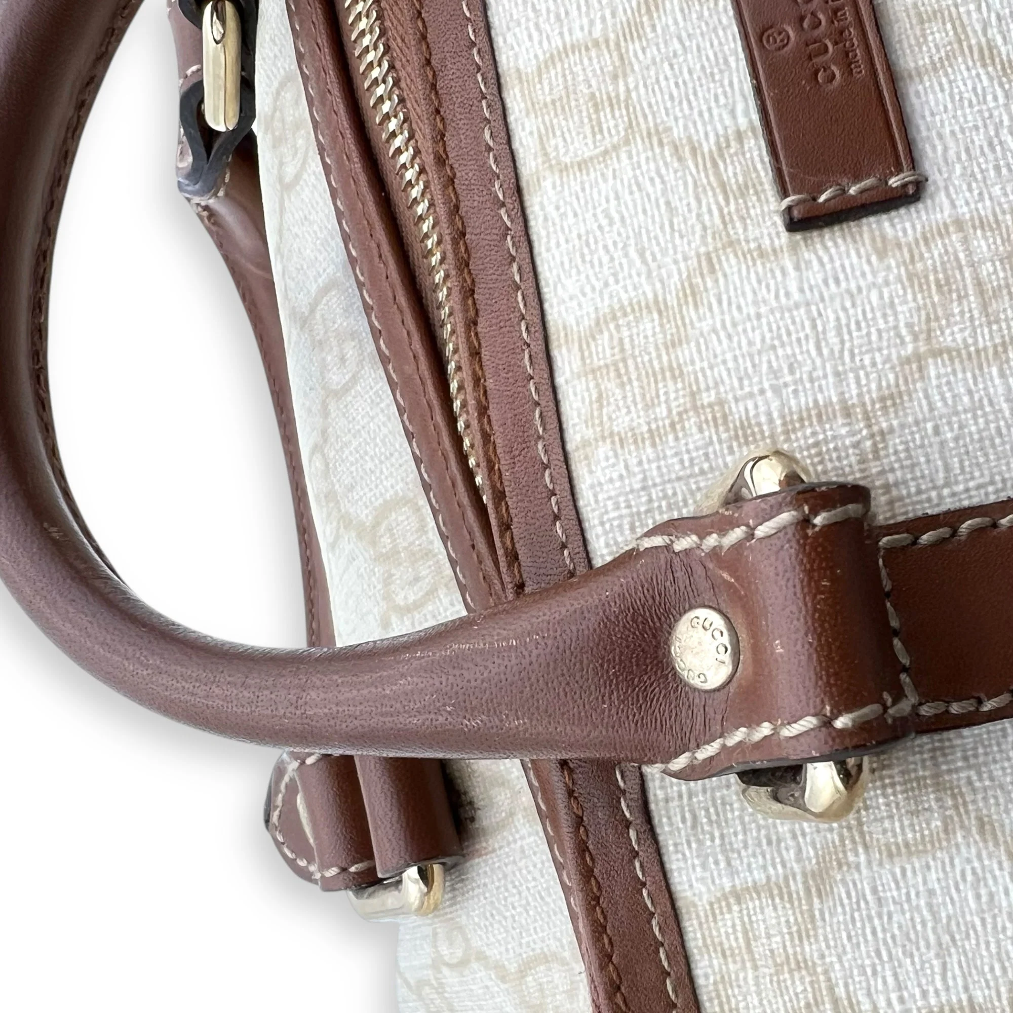 Boston White Top Handle Bag in Coated Canvas, Gold hardware