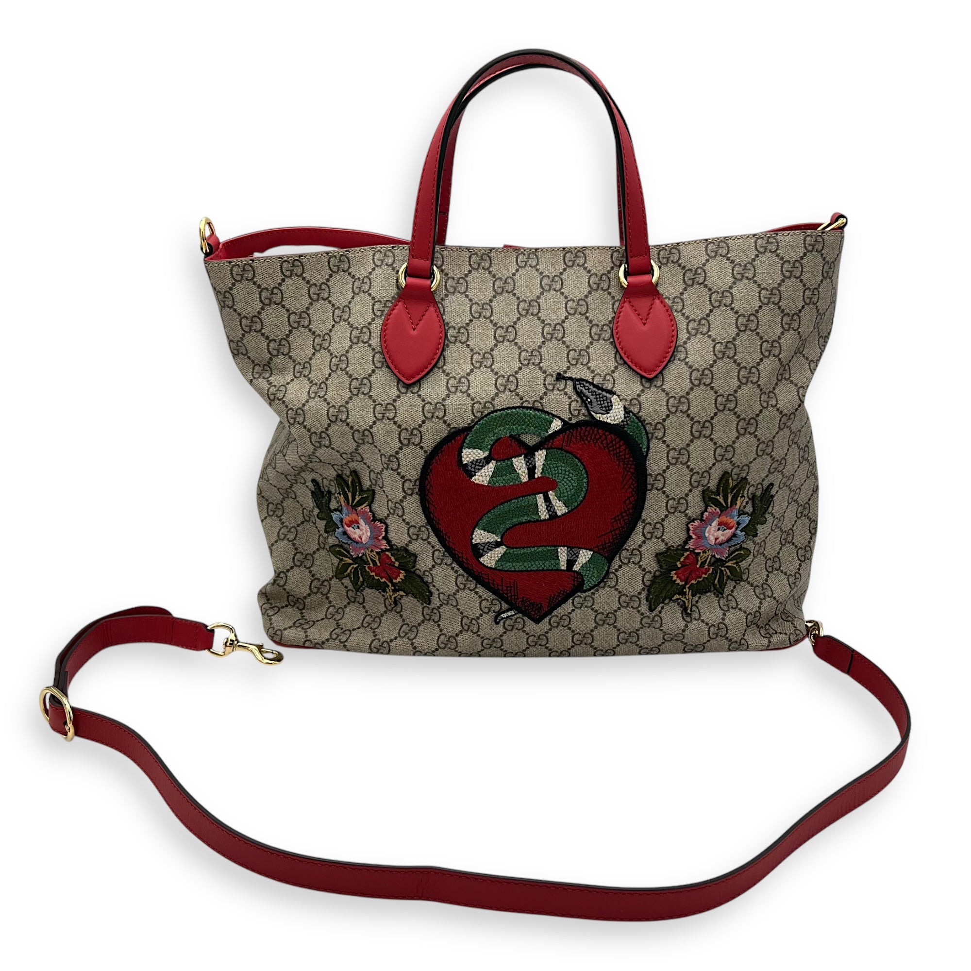 GG Supreme Snake Heart Grey Tote Bag in Coated Canvas, Silver hardware