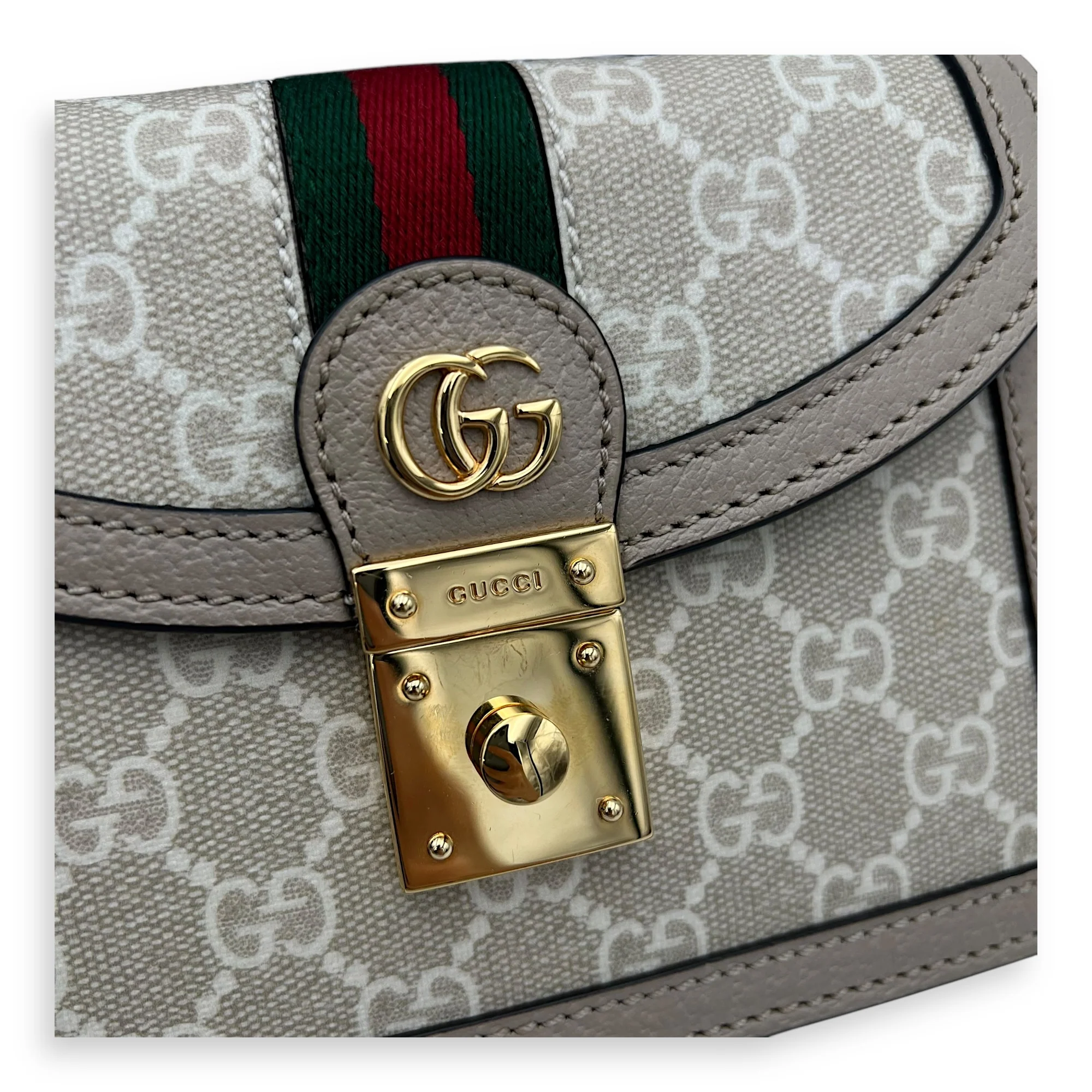 Ophidia Mini Beige Top Handle Bag in Coated Canvas, Gold hardware
