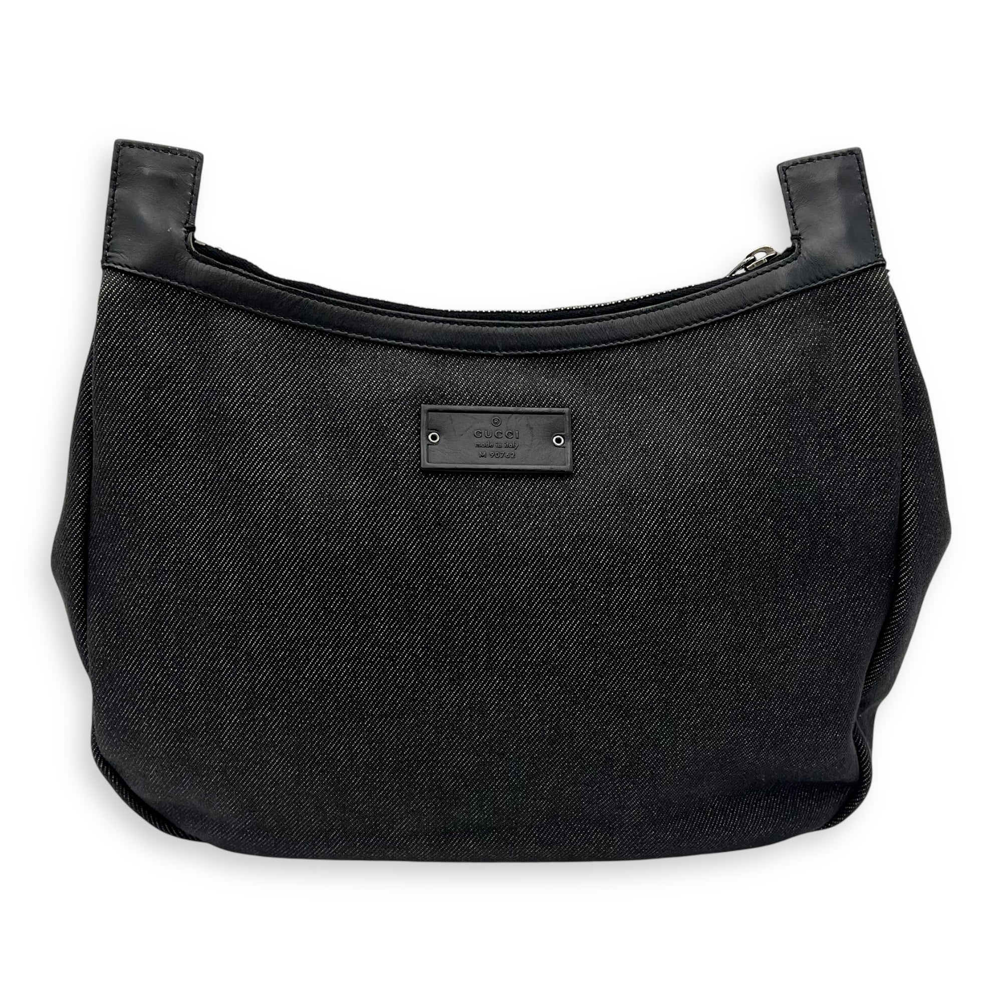 Pocket Black Shoulder Bag in Denim, Silver hardware