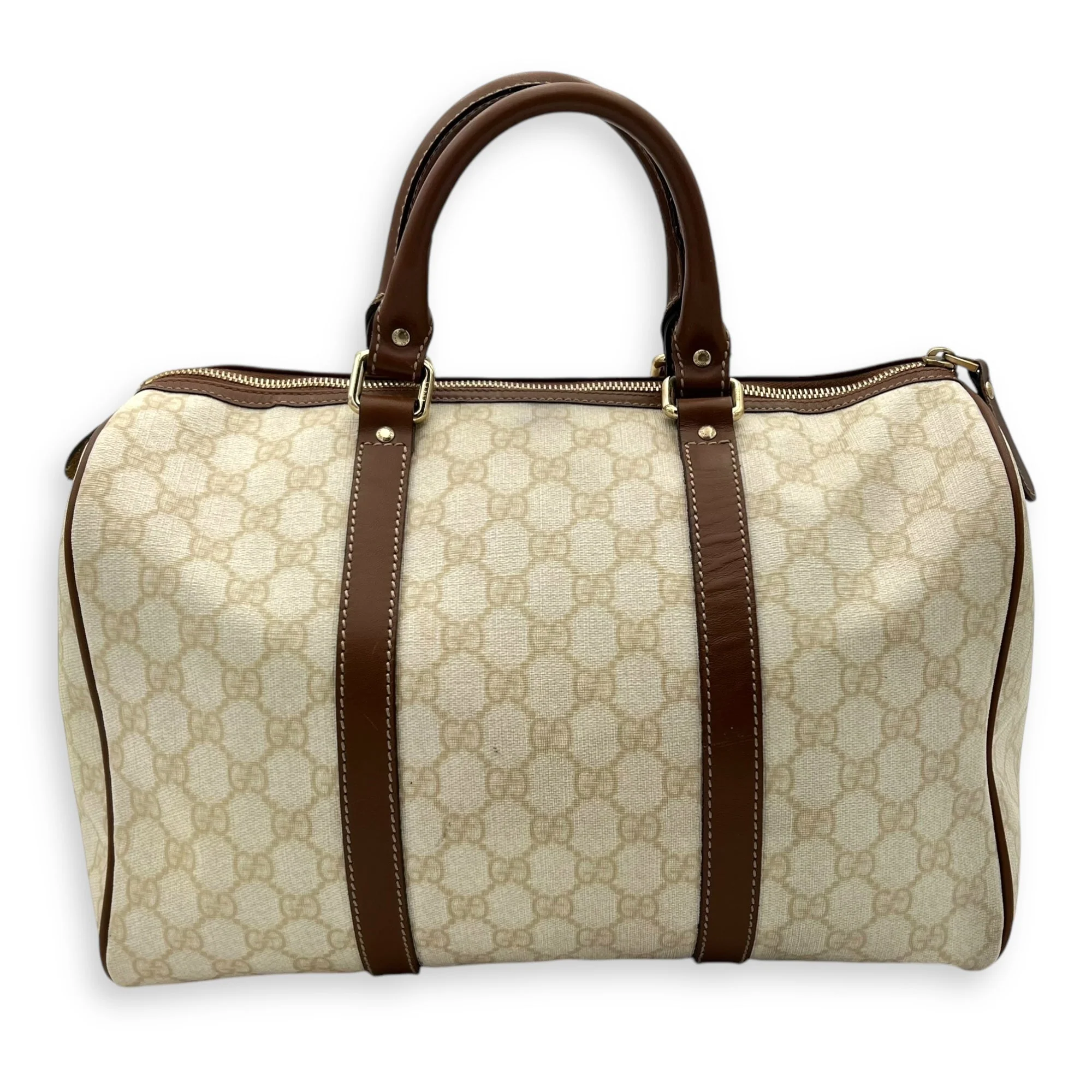 Boston White Top Handle Bag in Coated Canvas, Gold hardware