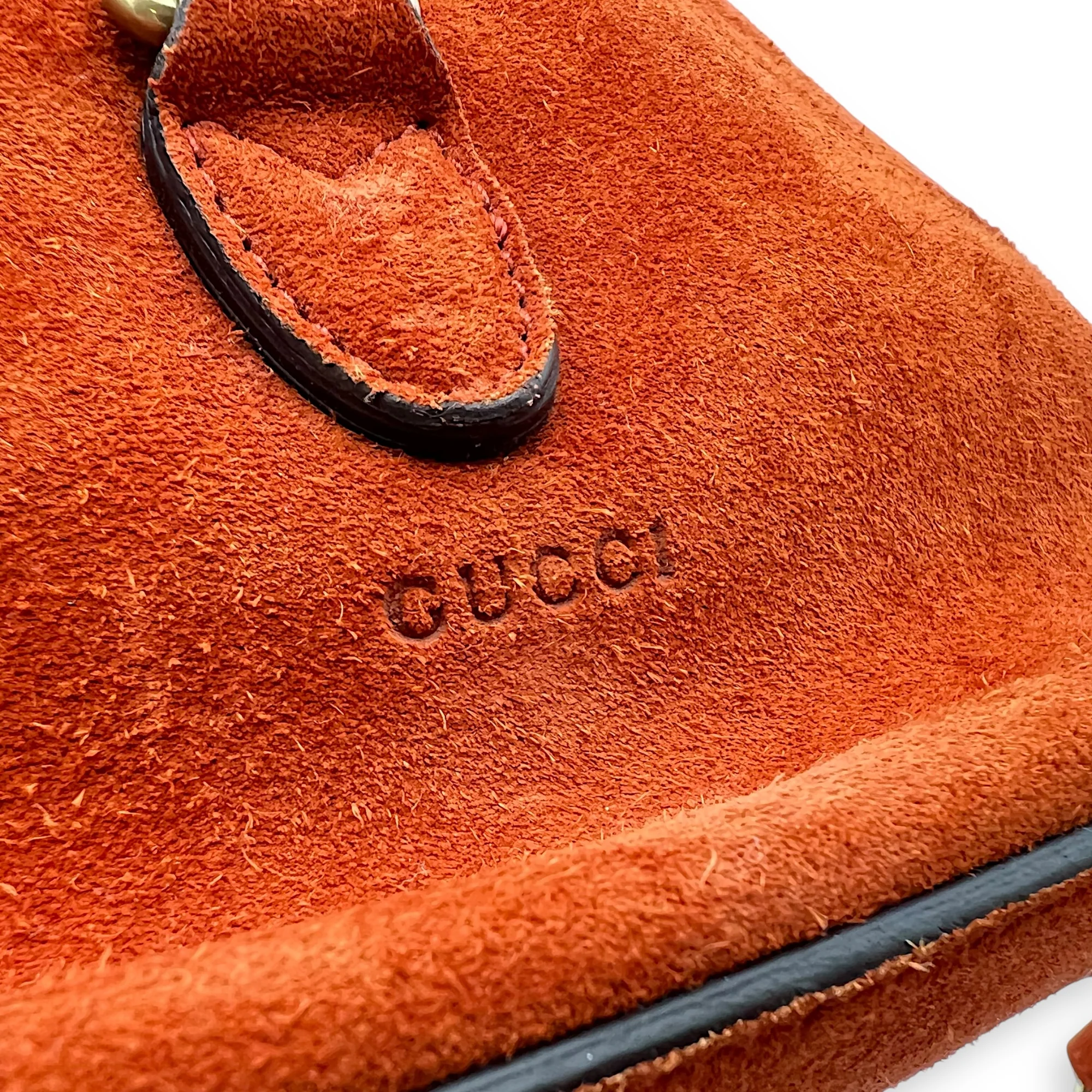 Jackie Orange Bucket Bag in Suede Leather, Gold hardware