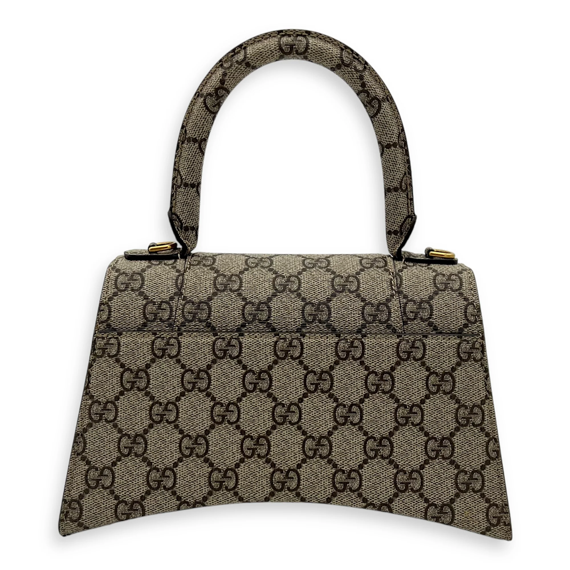 x Balenciaga Hourglass GG Supreme Brown Top Handle Bag in Monogram Coated Canvas, Gold hardware
