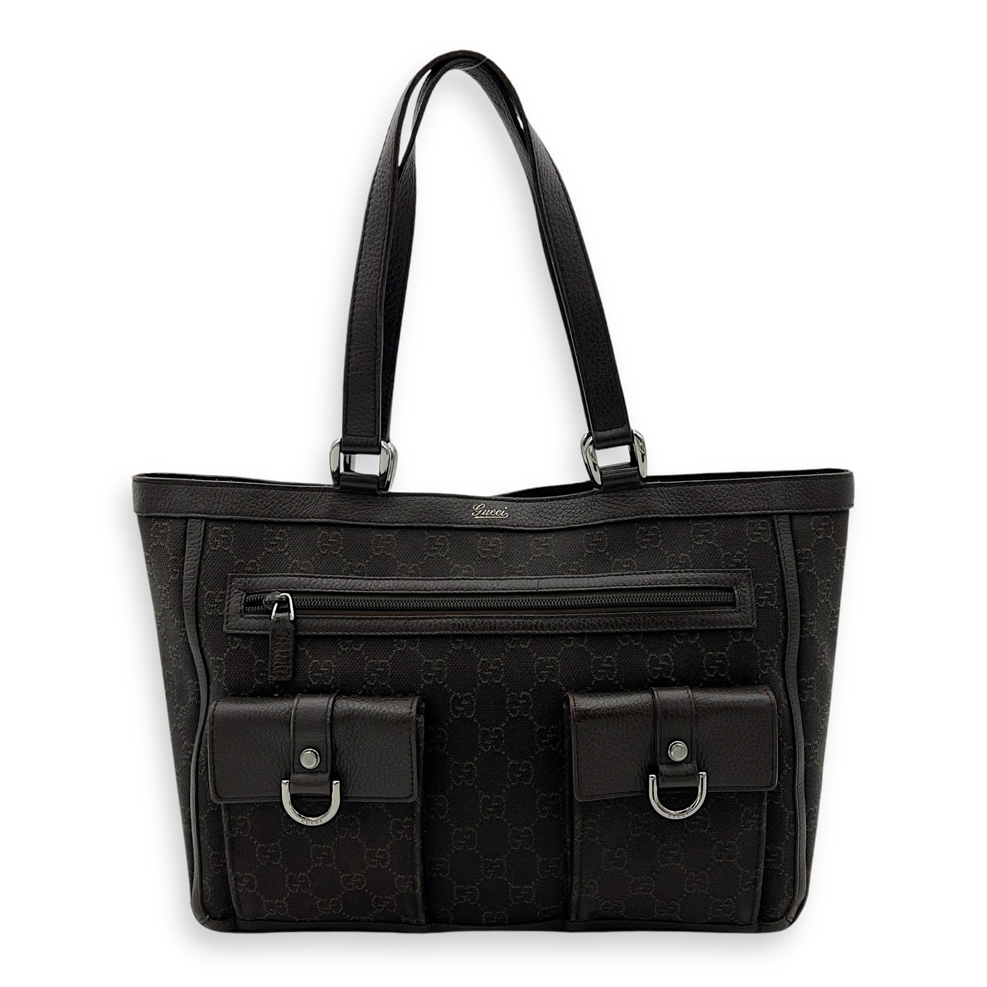 GG Abbey Pocket Black Tote Bag in Canvas, Silver hardware