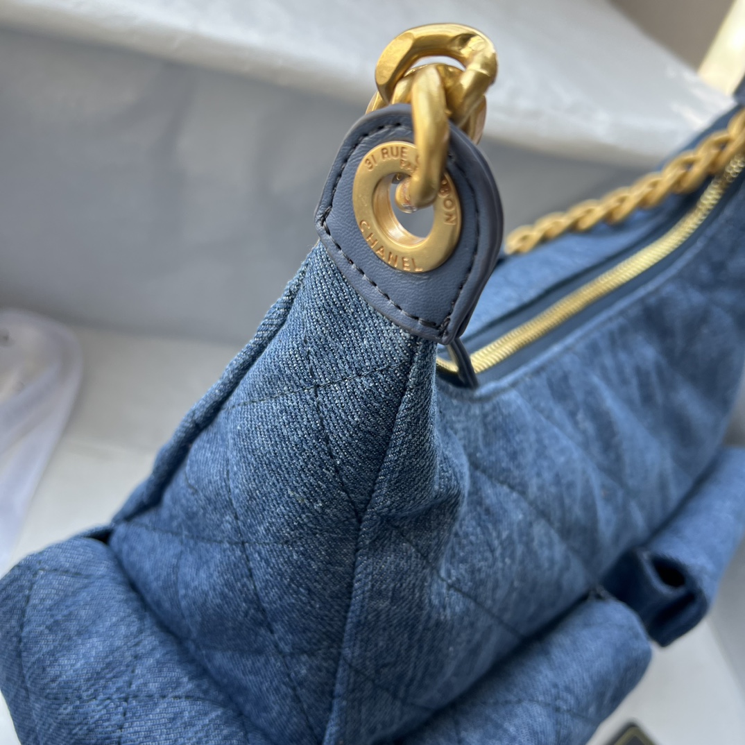 Chanel Hobo Washed Denim And Gold-Tone Metal Blue Bag
