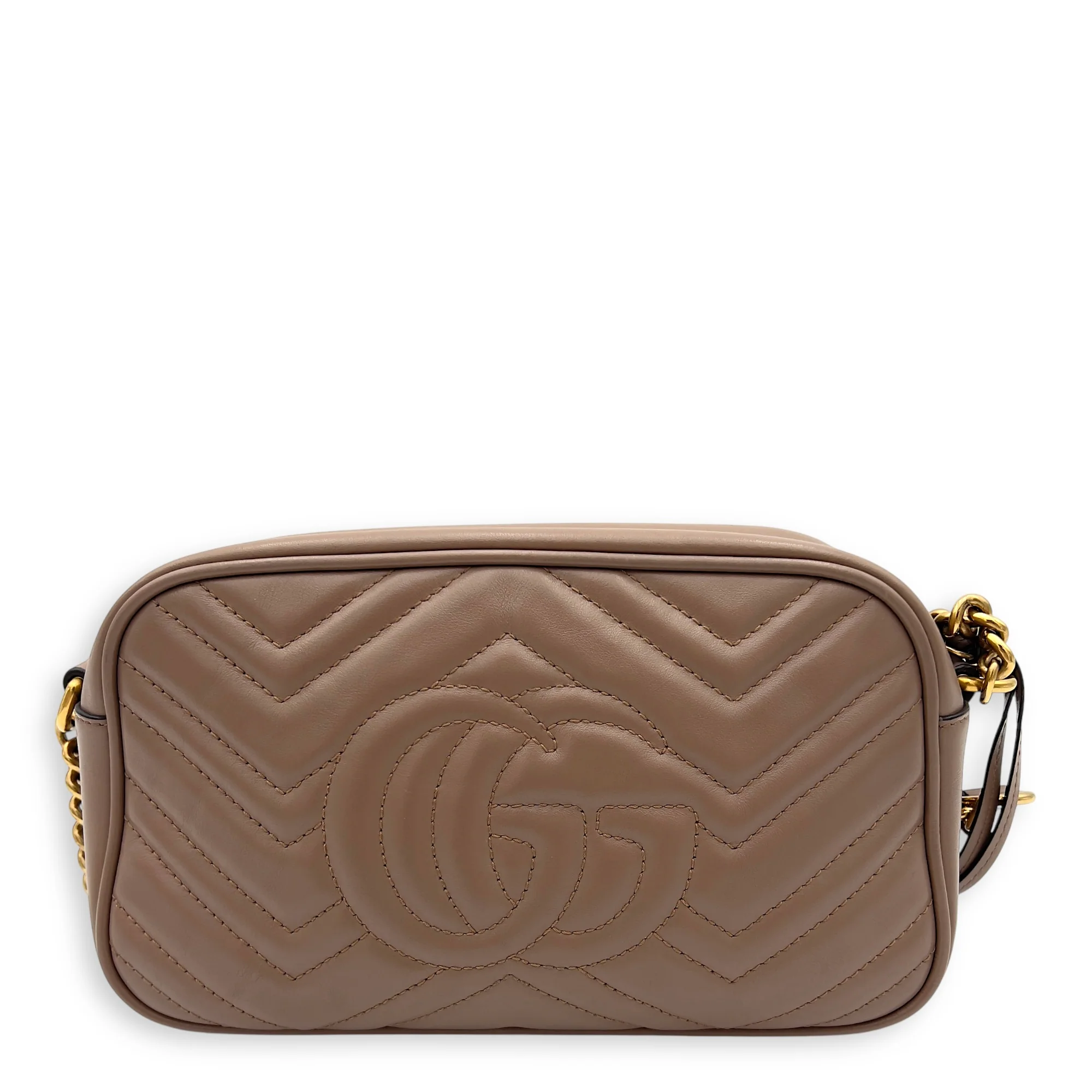 GG Marmont Small Beige Shoulder Bag in Calfskin, Gold hardware