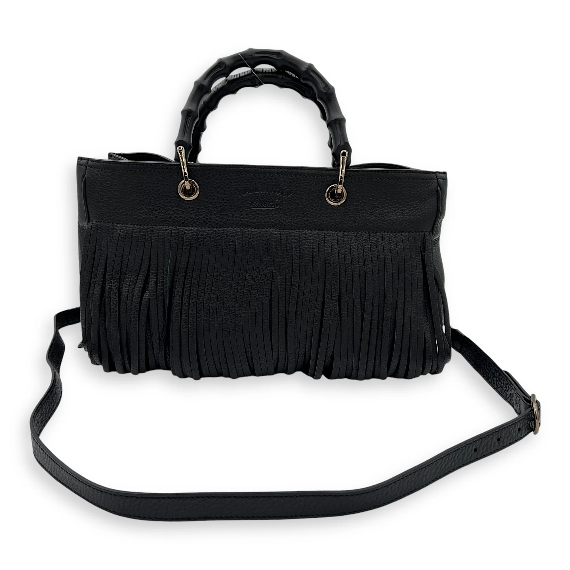 Bamboo Tassel Black Top Handle Bag in Calfskin, Gunmetal hardware