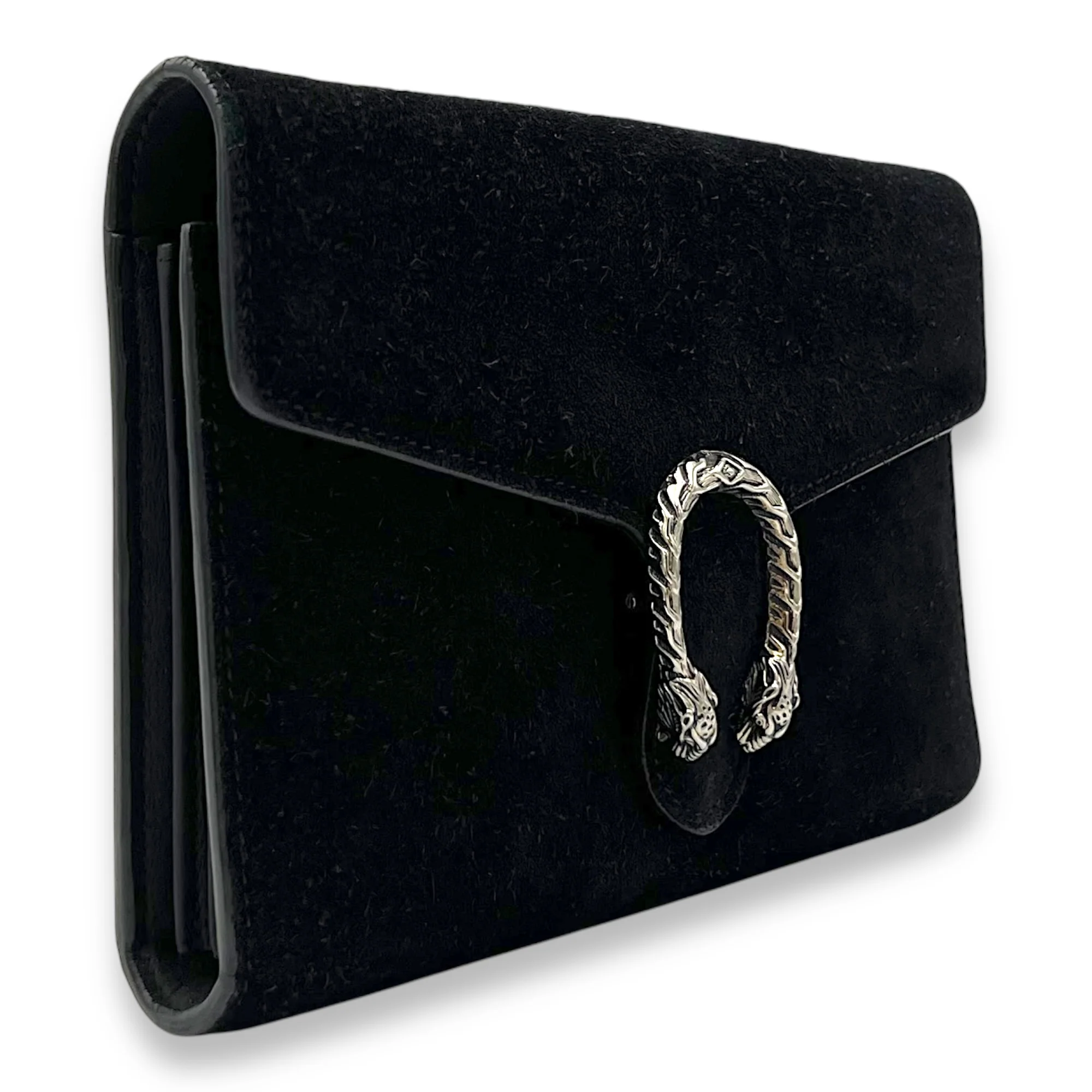 Dionysus Black Wallet On Chain in Suede Leather, Ruthenium hardware