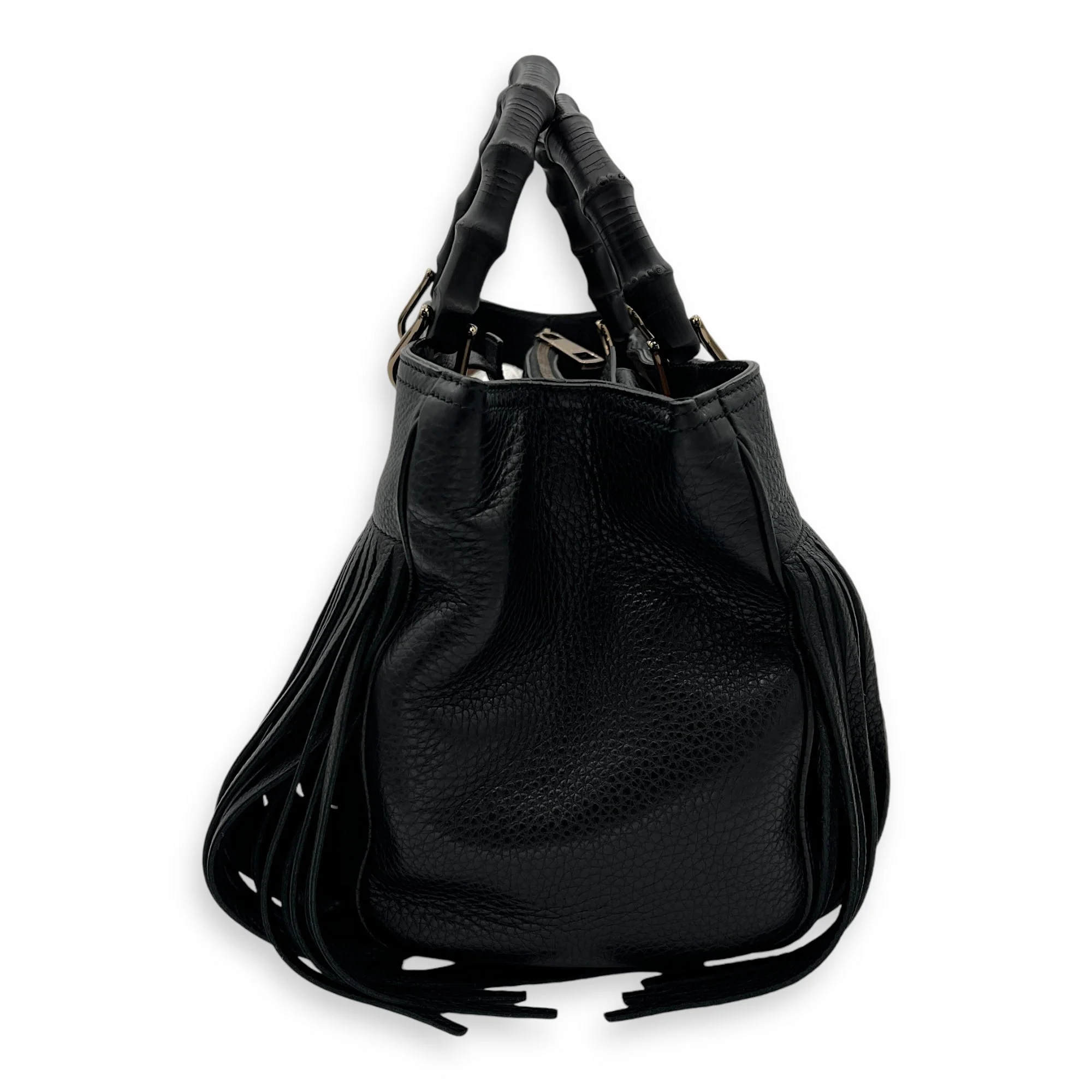 Bamboo Tassel Black Top Handle Bag in Calfskin, Gunmetal hardware