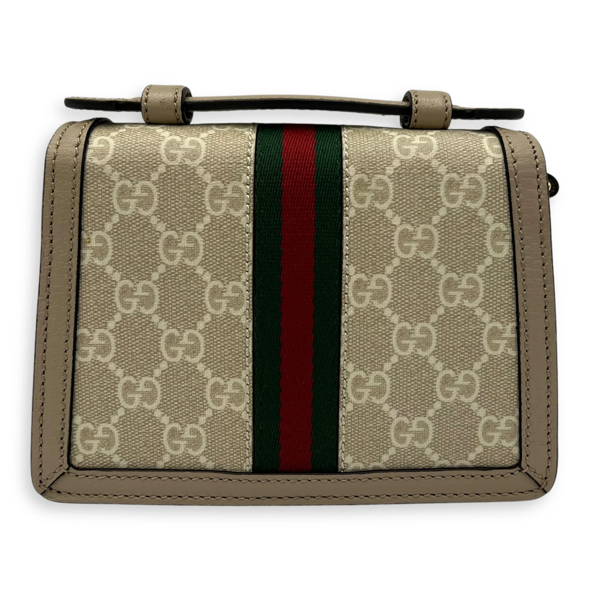 Ophidia Mini Beige Top Handle Bag in Coated Canvas, Gold hardware