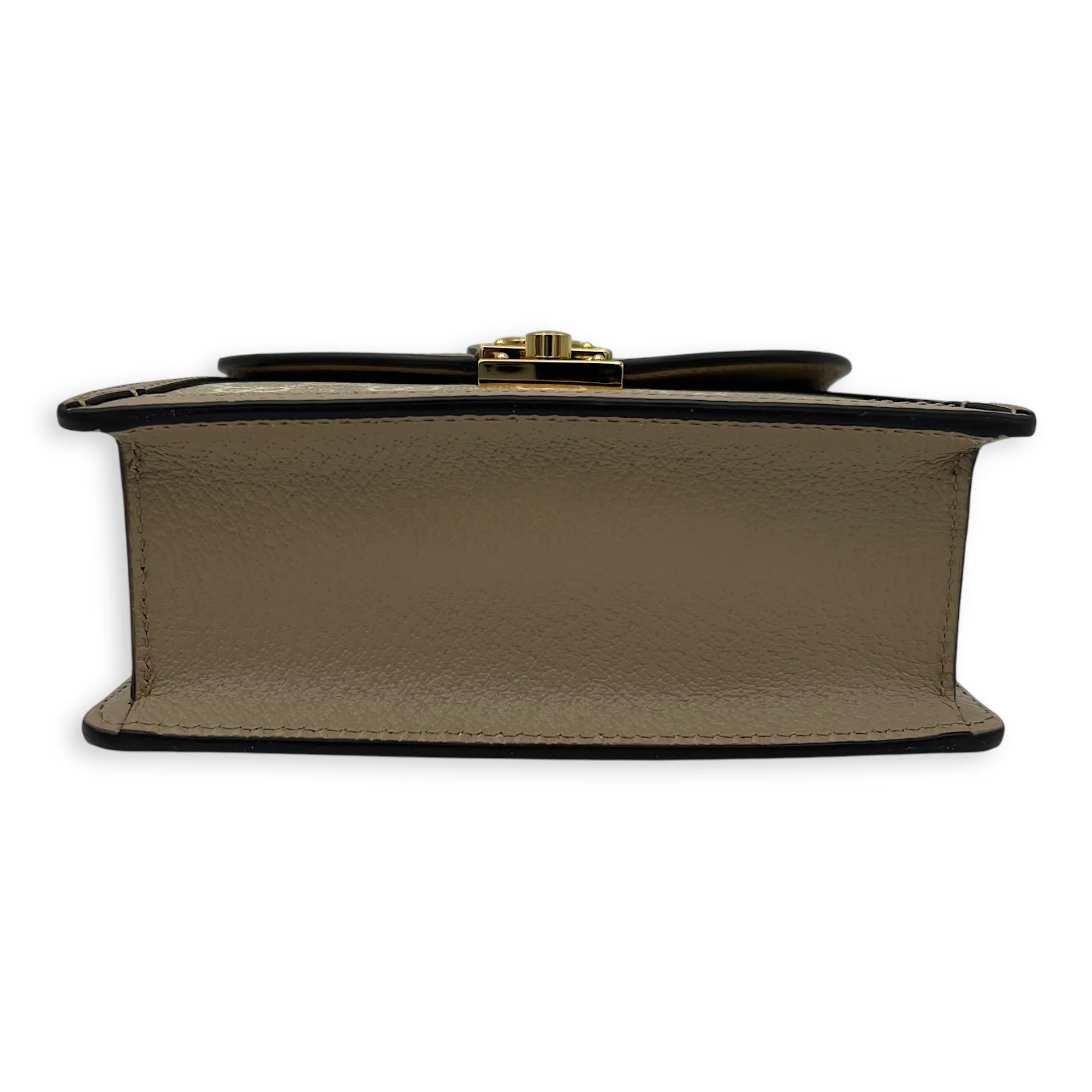 Ophidia Mini Beige Top Handle Bag in Coated Canvas, Gold hardware