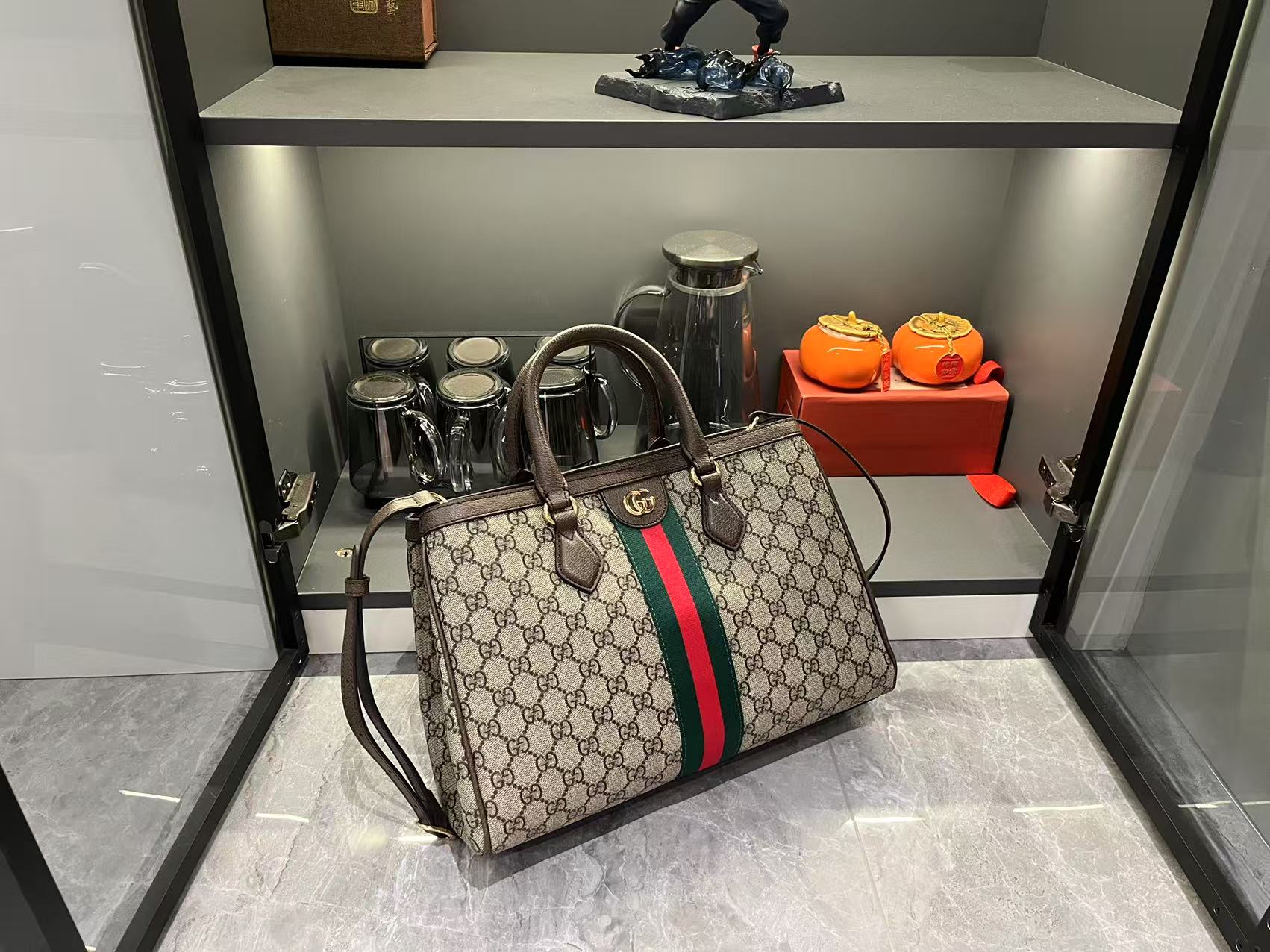 Gucci Ophidia Tote Bag Medium Size GG Monogram coated fabric - Beige and dark brown
